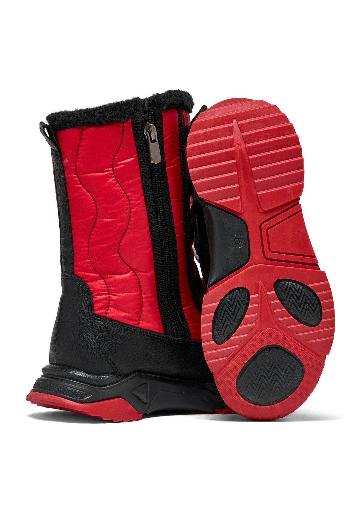 Çocuk Unisex Siyah Kırmızı Rahat Kalıp Spor Taban Bağcık Detaylı Kar Botu - Görsel 5