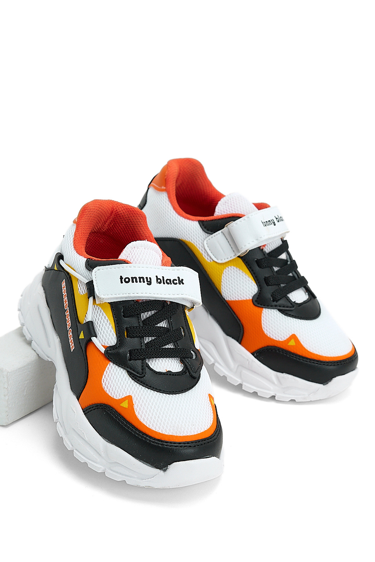 Çocuk Unisex Siyah Beyaz Portakal Faylon Taban Rahat Kalıp Cırtlı Çocuk Ayakkabı - Görsel 3