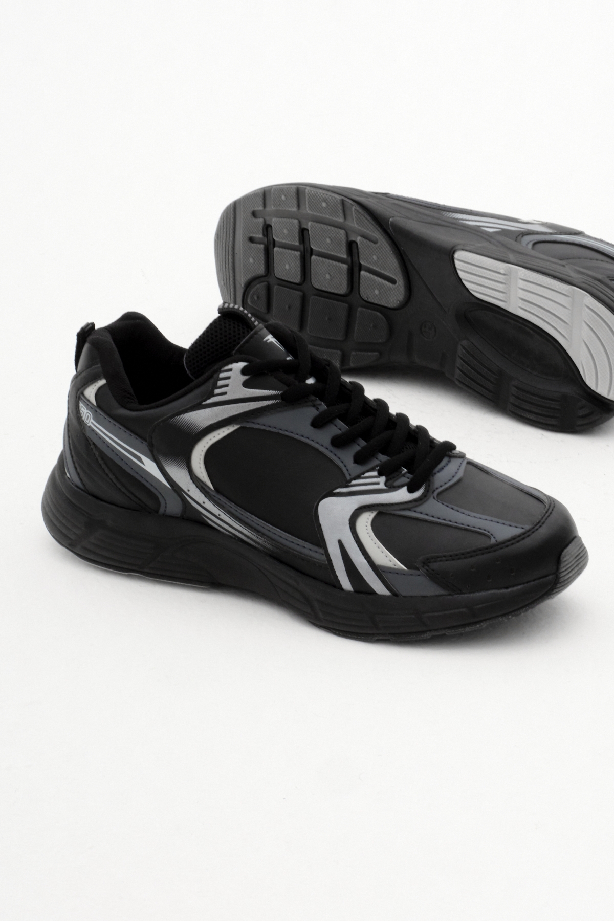 Unisex Siyah Füme Cilt Rahat Kalıp Faylon Taban Bağcıklı Spor Ayakkabı - Görsel 5