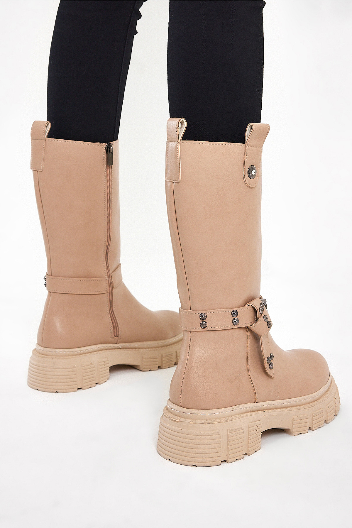 Kadın Nude Cilt Rahat Kalıp Yüksek Taban Tokalı Fermuarlı Çizme - Görsel 3