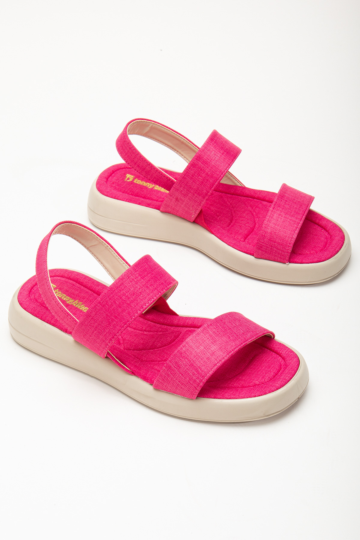 Kadın Fuşya Keten Rahat Kalıp Poli Taban Çift Bantlı Sandalet - Görsel 3
