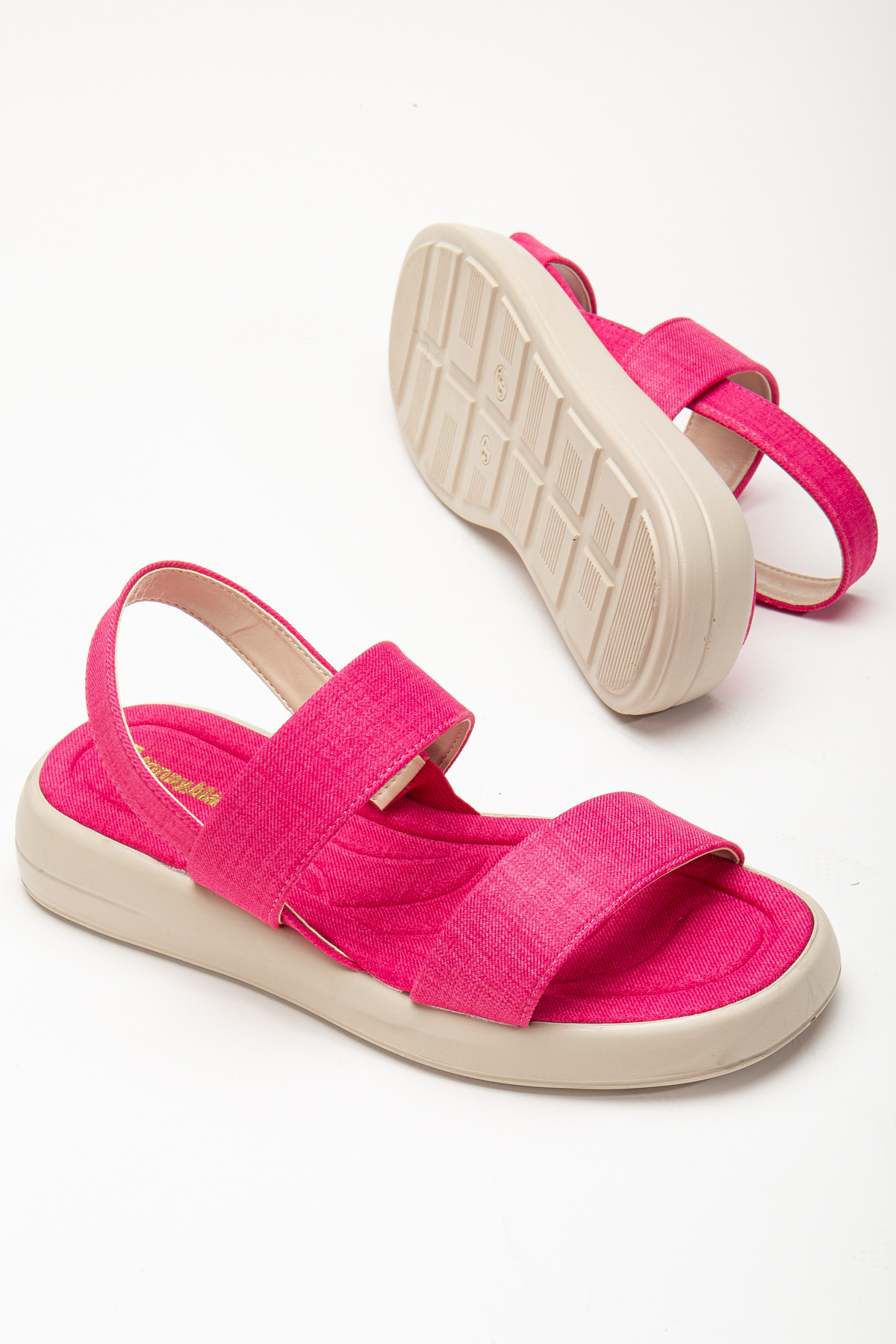 Kadın Fuşya Keten Rahat Kalıp Poli Taban Çift Bantlı Sandalet - Görsel 5