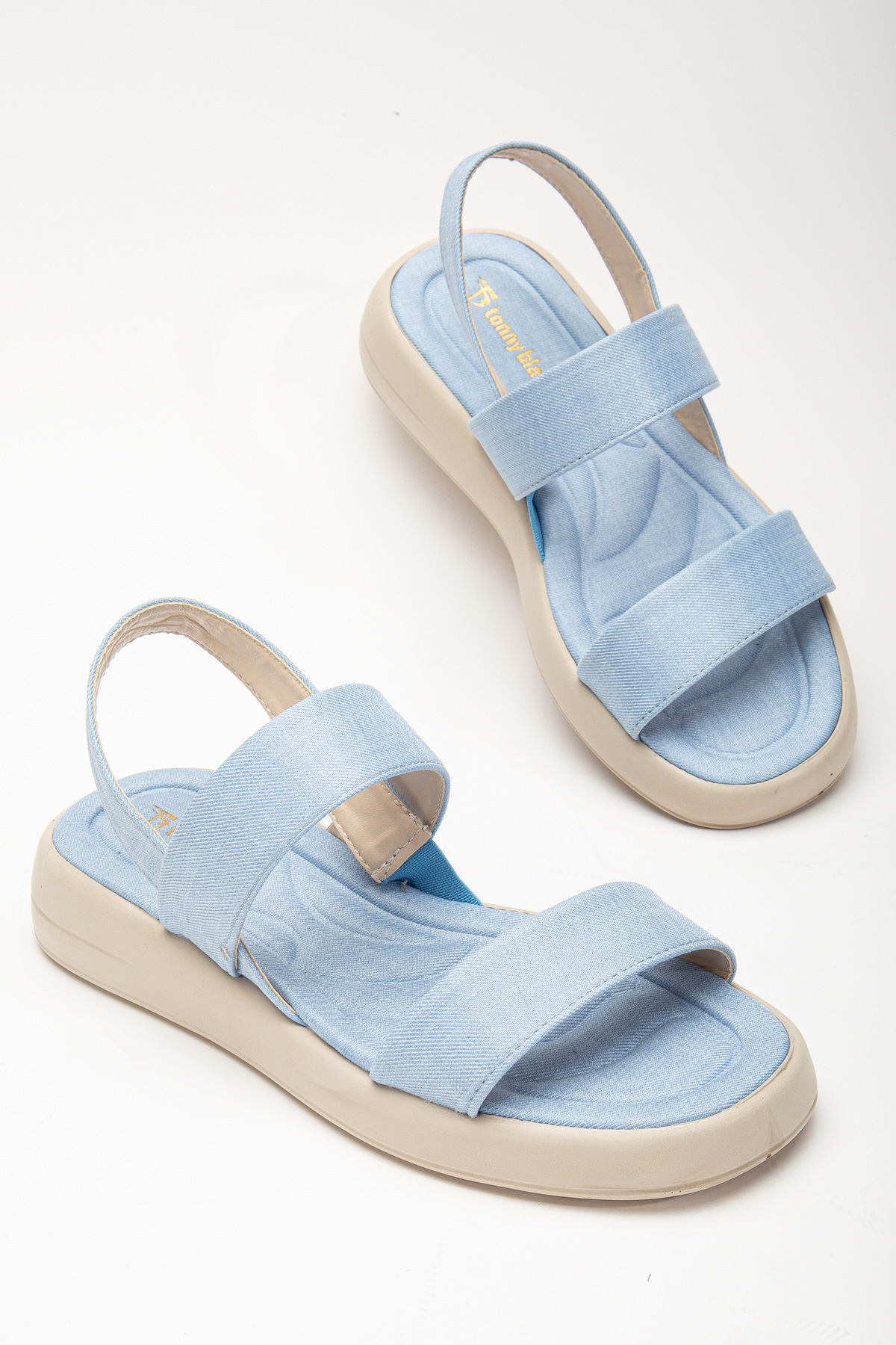 Kadın Bebe Mavisi Keten Rahat Kalıp Poli Taban Çift Bantlı Sandalet - Görsel 3