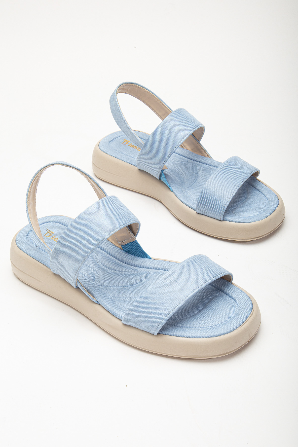 Kadın Bebe Mavisi Keten Rahat Kalıp Poli Taban Çift Bantlı Sandalet - Görsel 5