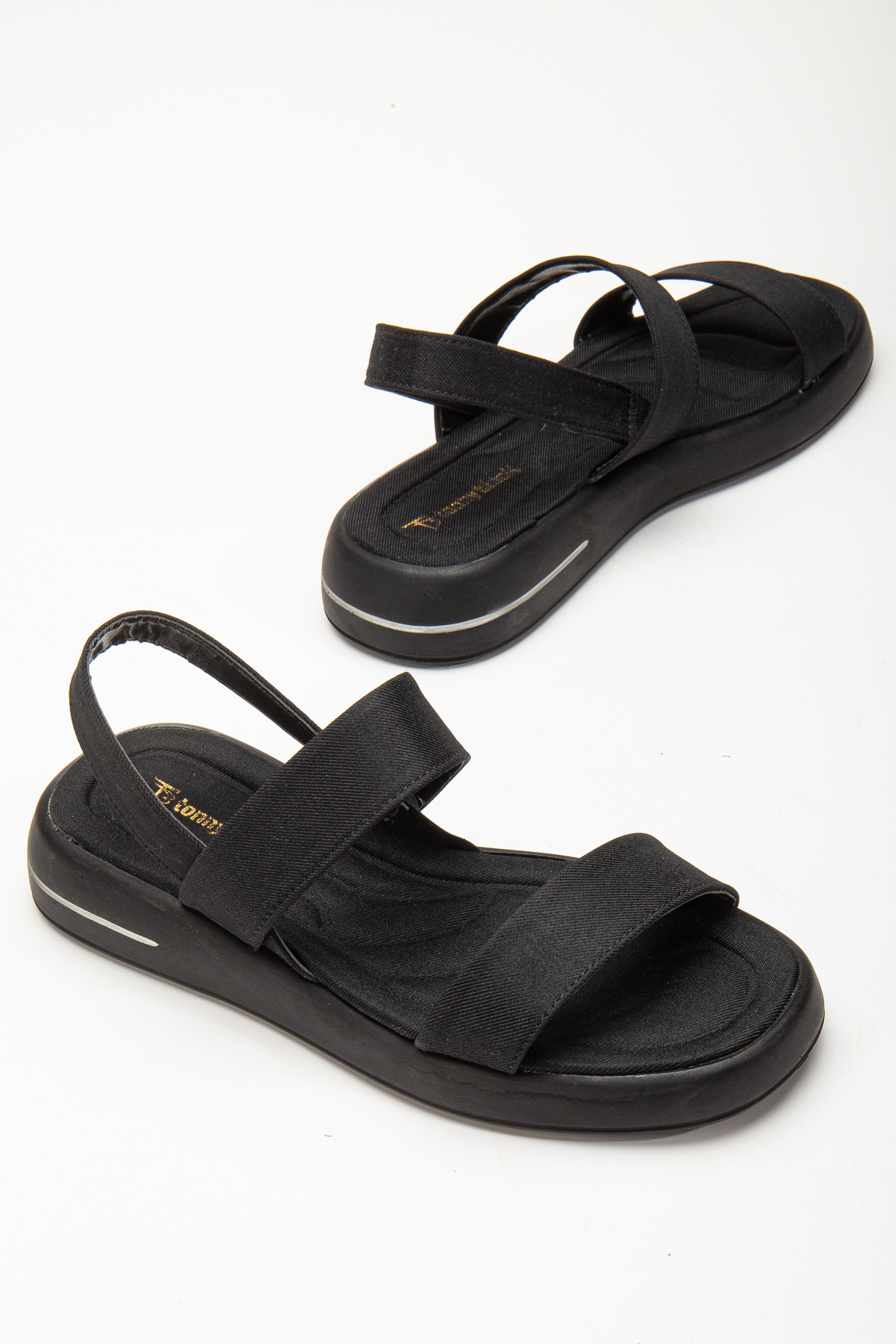 Kadın Siyah Keten Rahat Kalıp Poli Taban Çift Bantlı Sandalet - Görsel 3