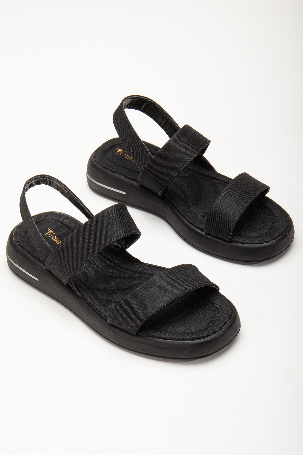 Kadın Siyah Keten Rahat Kalıp Poli Taban Çift Bantlı Sandalet - Görsel 5