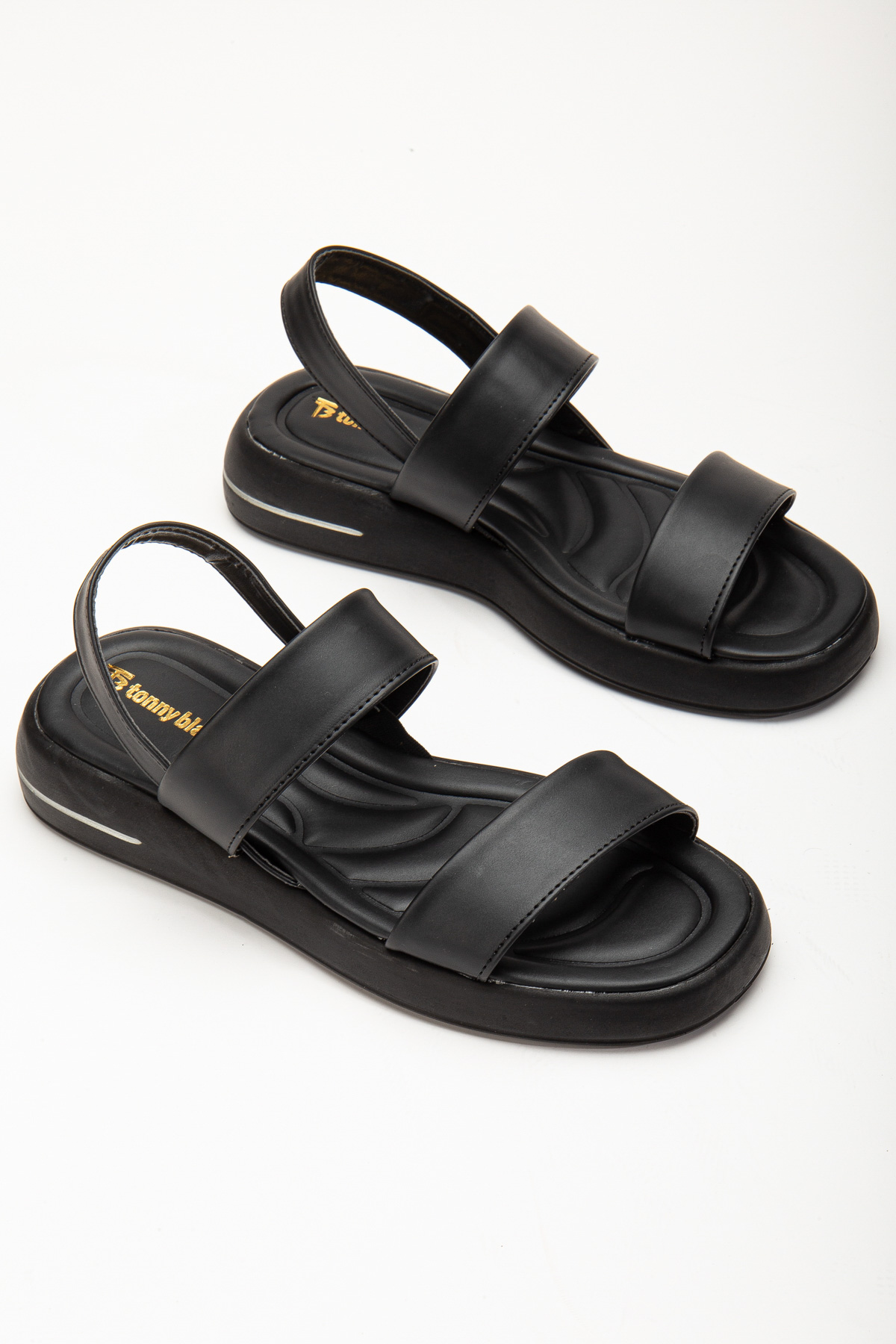 Kadın Siyah Cilt Rahat Kalıp Poli Taban Çift Bantlı Sandalet - Görsel 3