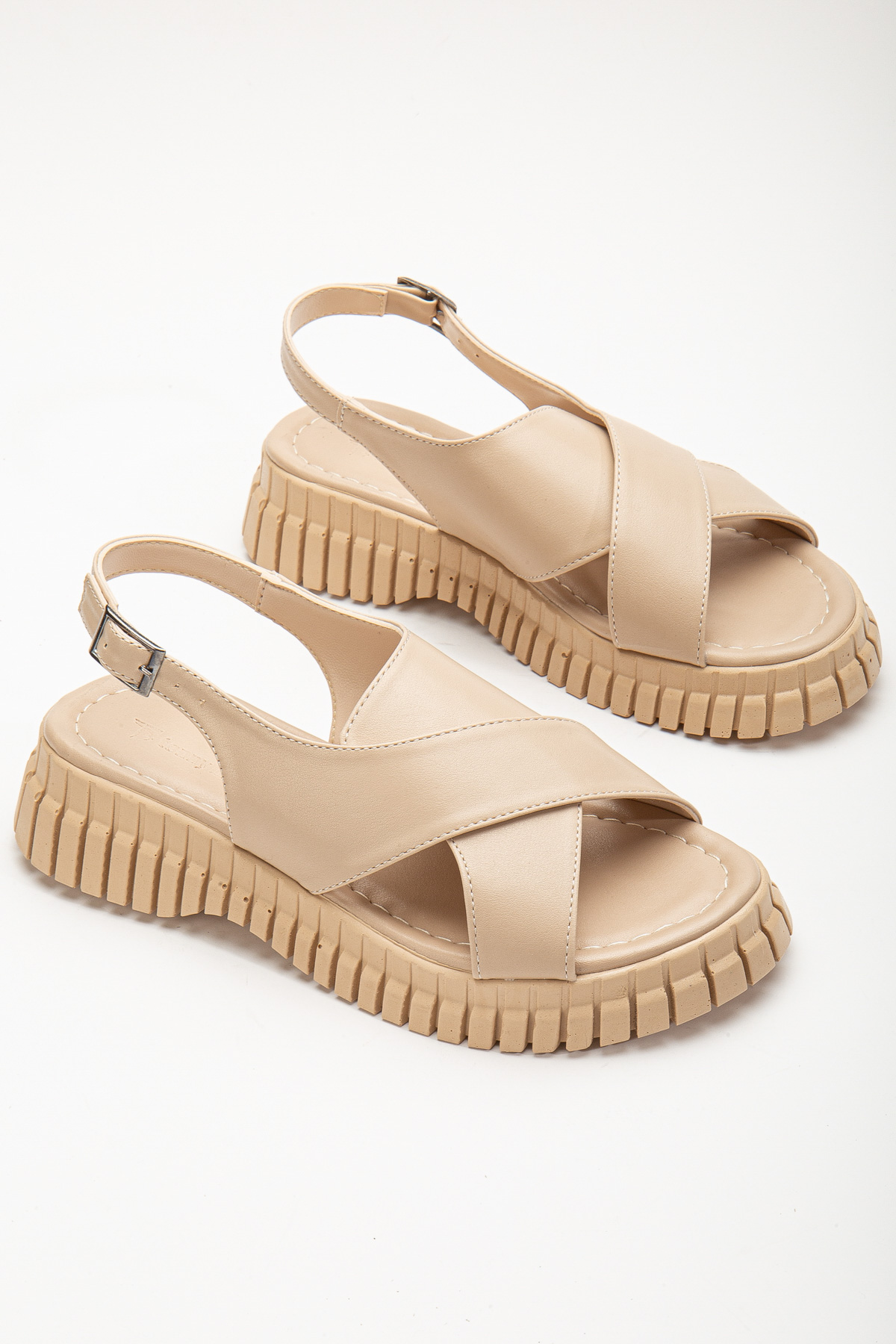 Kadın Nude Kalın Poli Taban Bilekten Bağlamalı Çapraz Bantlı Sandalet - Görsel 3