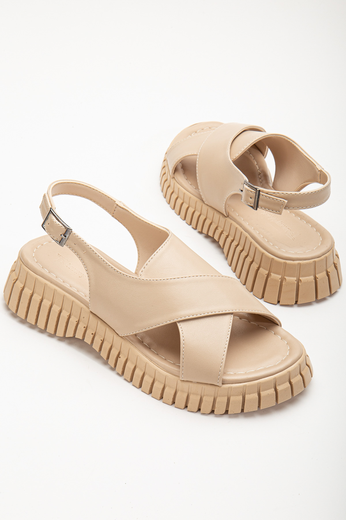 Kadın Nude Kalın Poli Taban Bilekten Bağlamalı Çapraz Bantlı Sandalet - Görsel 5