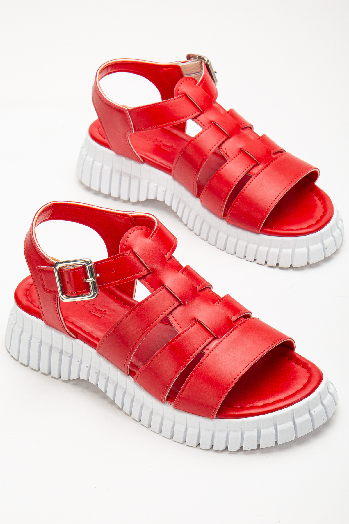 Kadın Kırmızı Kalın Poli Taban Bilekten Bağlamalı Üç Bantlı Sandalet - Görsel 5