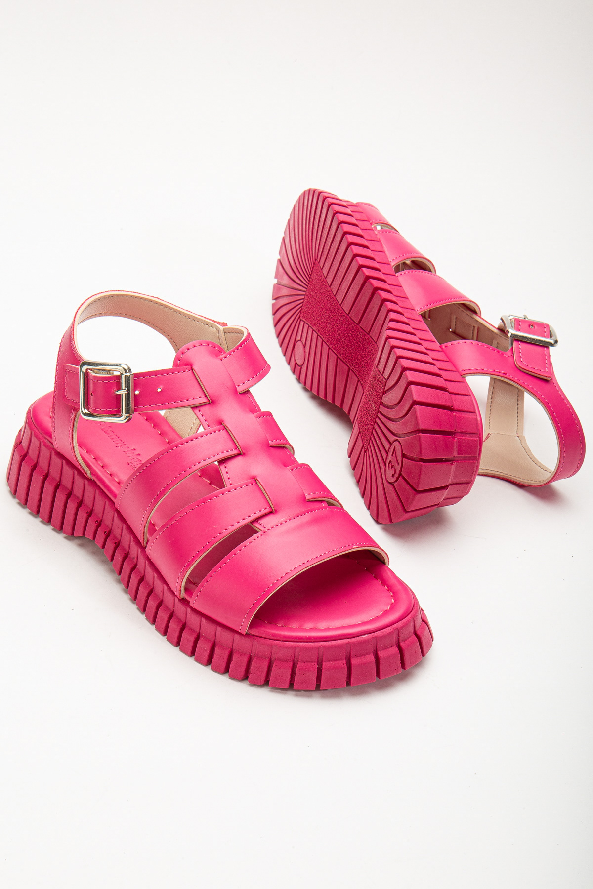 Kadın Fuşya Kalın Poli Taban Bilekten Bağlamalı Üç Bantlı Sandalet - Görsel 3