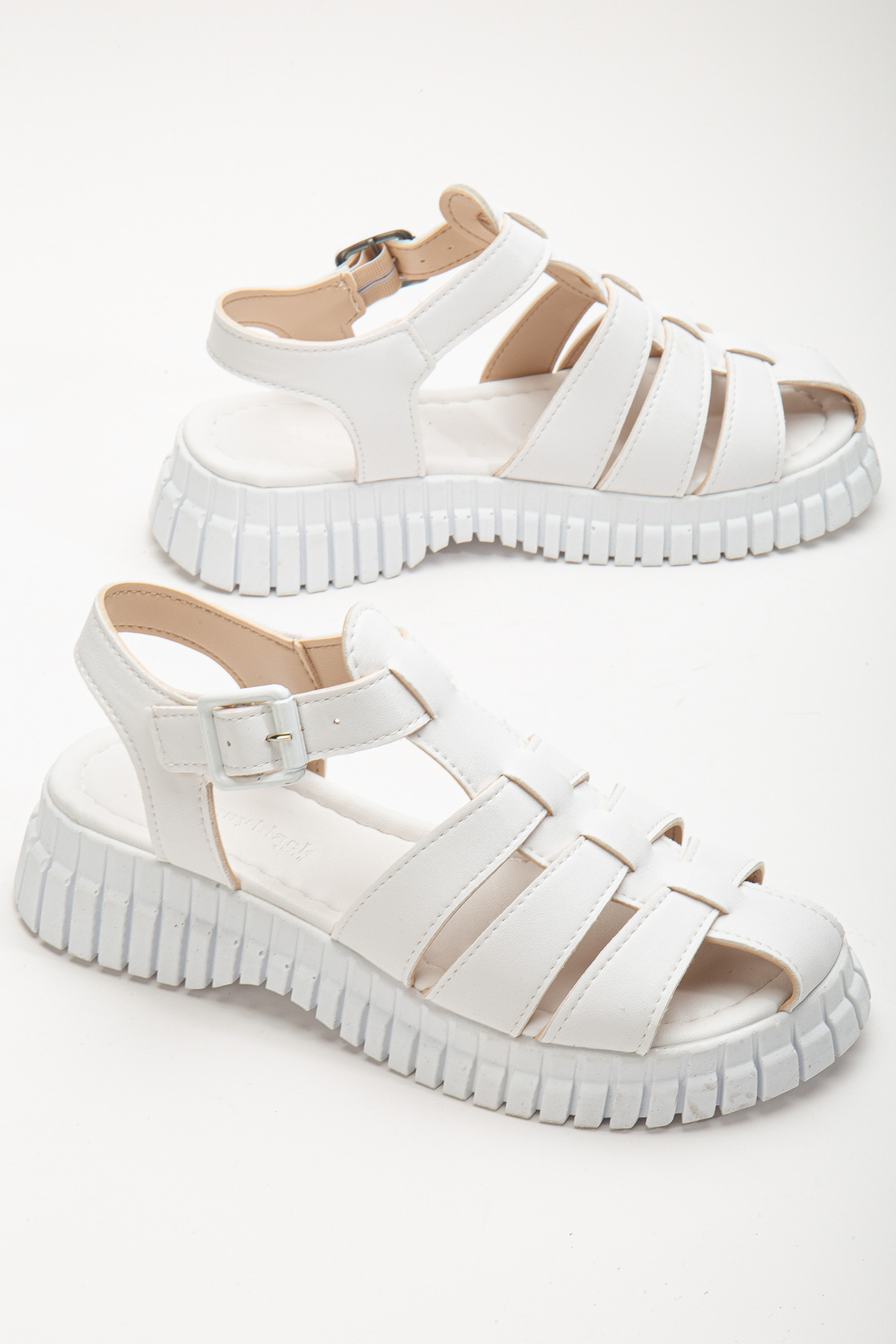 Kadın Beyaz Kalın Poli Taban Bilekten Bağlamalı Üç Bantlı Sandalet - Görsel 5