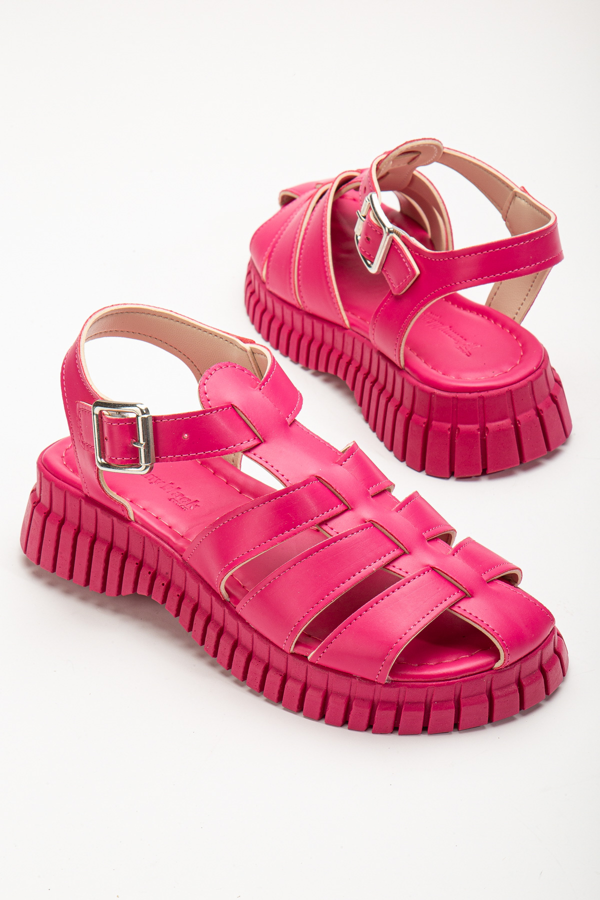 Kadın Fuşya Kalın Poli Taban Bilekten Bağlamalı Üç Bantlı Sandalet - Görsel 4