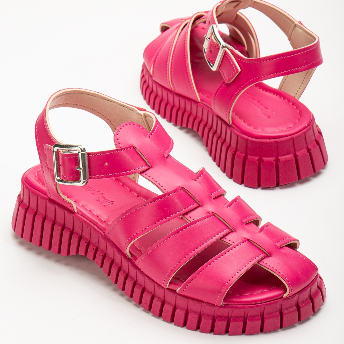 Kadın Fuşya Kalın Poli Taban Bilekten Bağlamalı Üç Bantlı Sandalet - Görsel 5