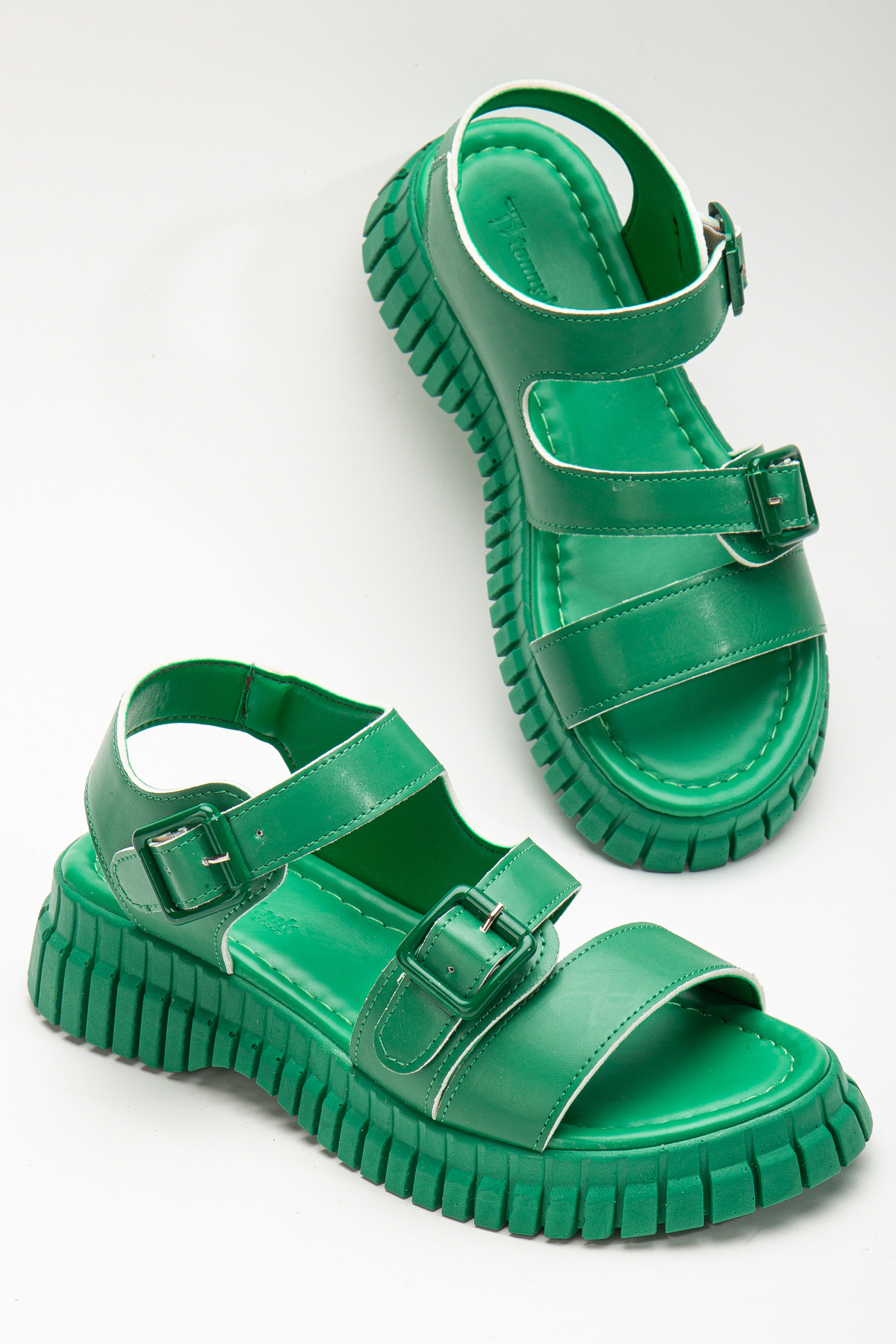 Kadın Yeşil Kalın Poli Taban Çift Tokalı Tek Bantlı Sandalet - Görsel 3