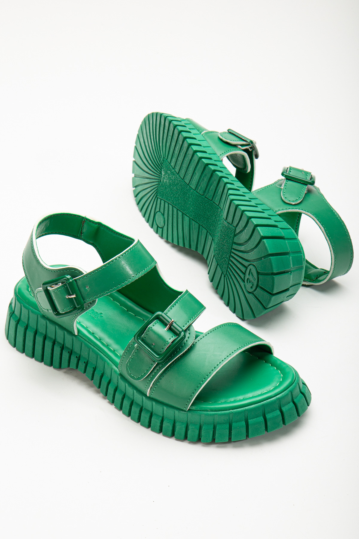 Kadın Yeşil Kalın Poli Taban Çift Tokalı Tek Bantlı Sandalet - Görsel 5