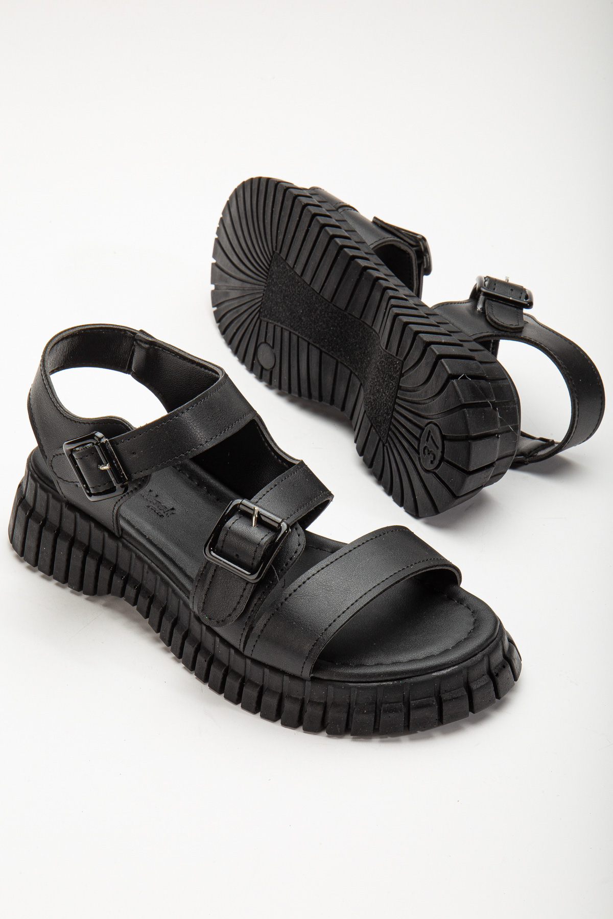 Kadın Siyah Kalın Poli Taban Çift Tokalı Tek Bantlı Sandalet - Görsel 5