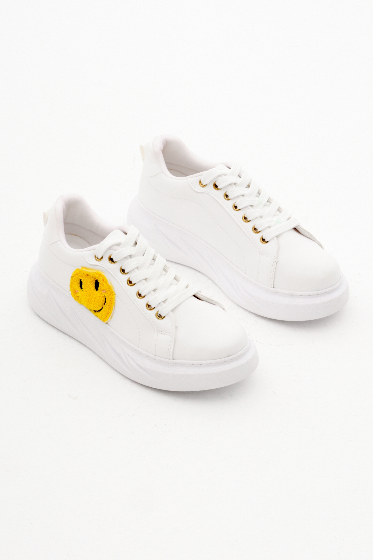 Kadın Beyaz Gülücük Emojili Kalın Poli Taban Bağcıklı Spor Ayakkabı - Görsel 4