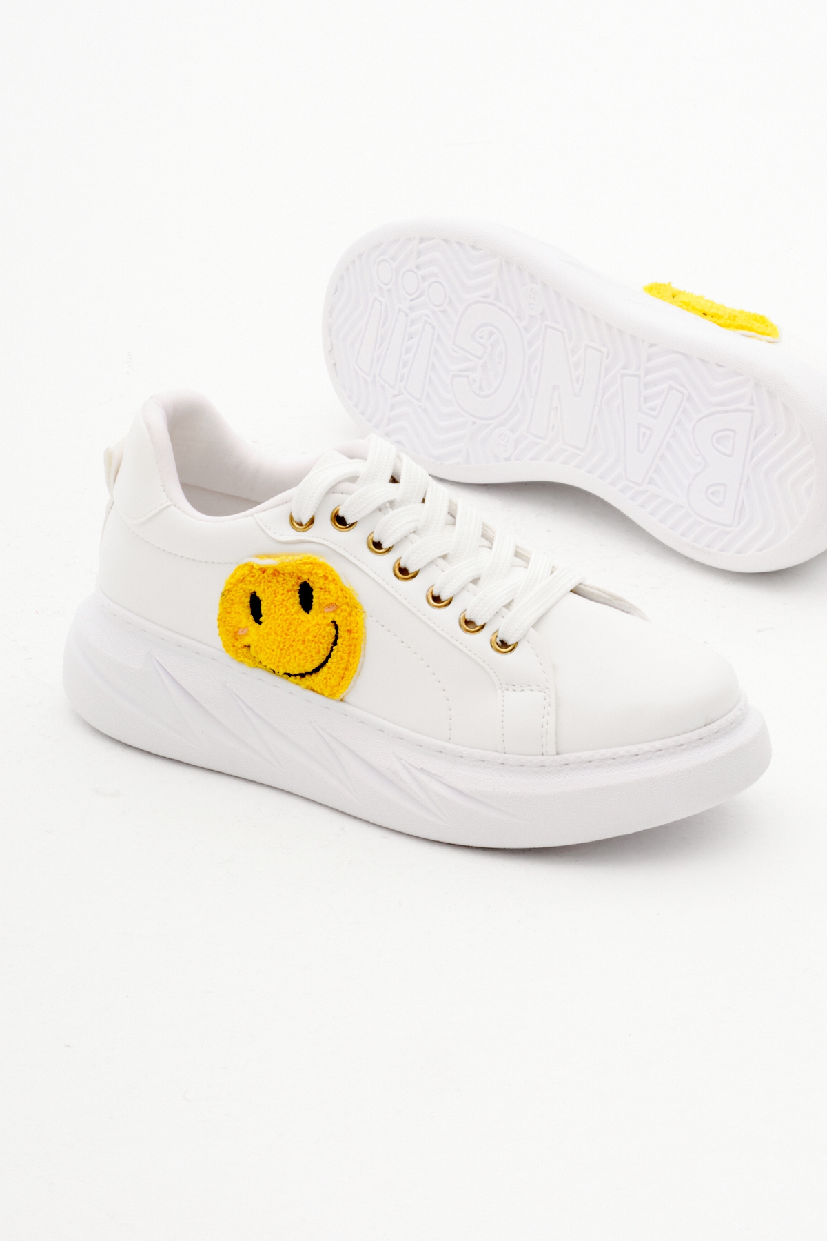 Kadın Beyaz Gülücük Emojili Kalın Poli Taban Bağcıklı Spor Ayakkabı - Görsel 5