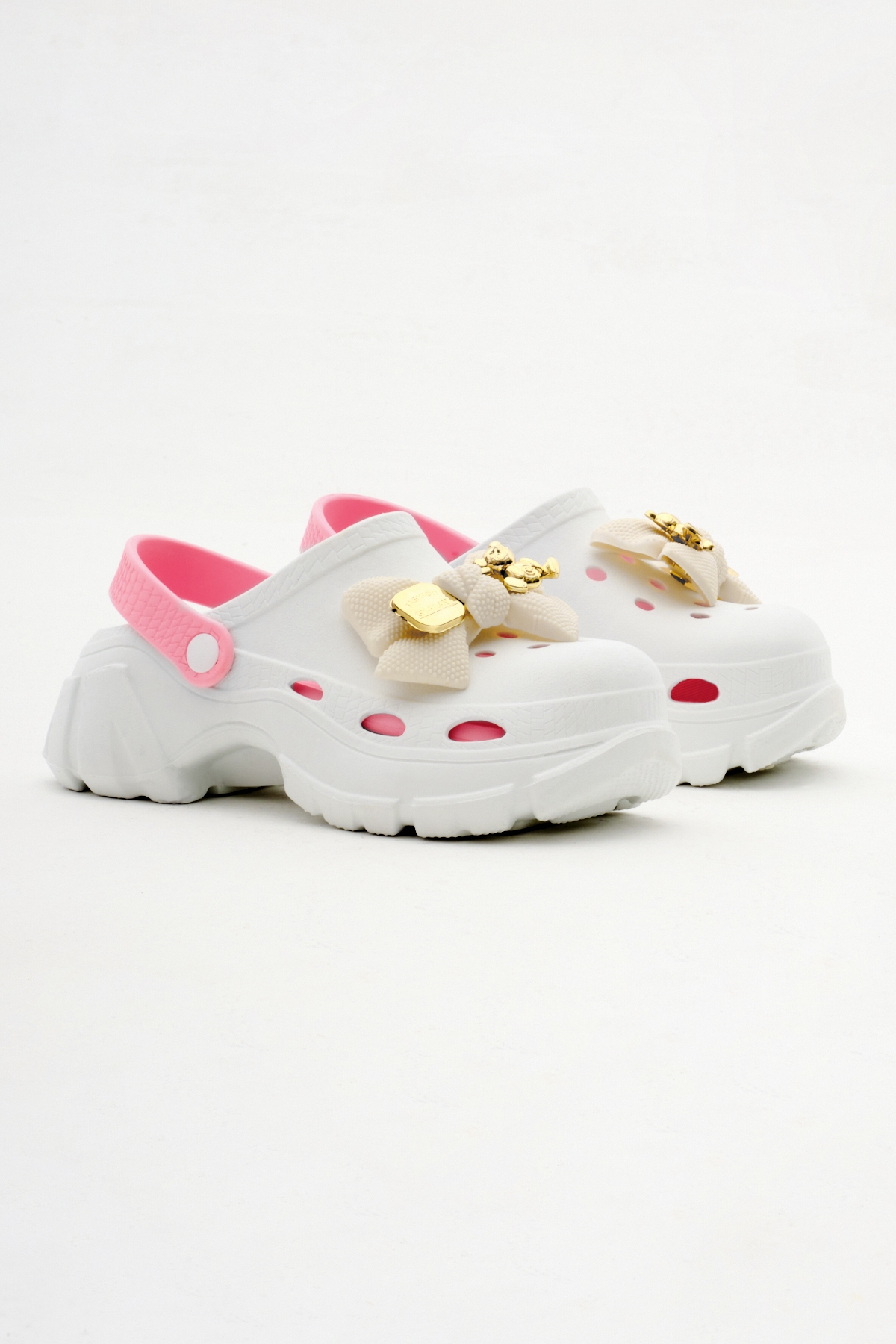 Kadın Beyaz Pembe Çıkartılabilir Taban Fiyonk Tokalı Yüksek Taban Eva Sandalet - Görsel 3