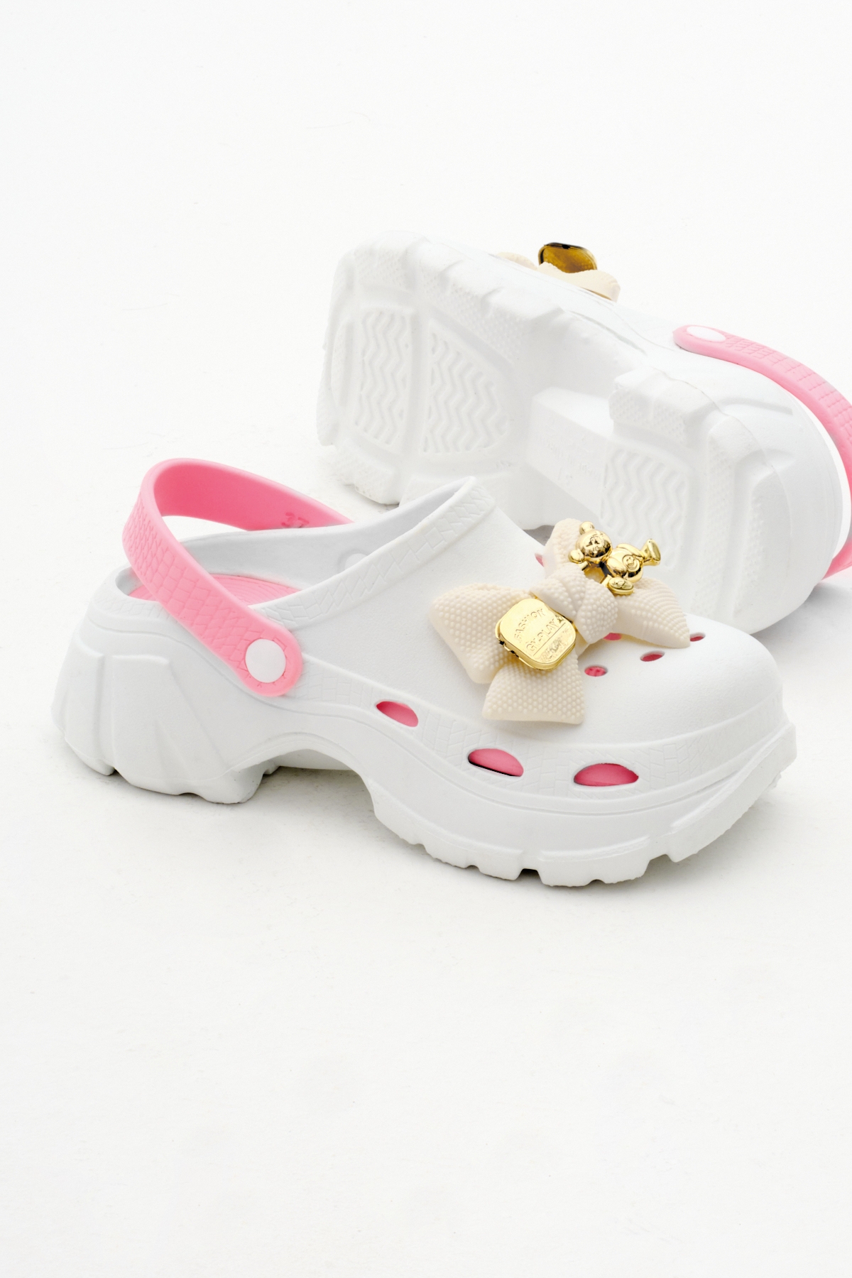 Kadın Beyaz Pembe Çıkartılabilir Taban Fiyonk Tokalı Yüksek Taban Eva Sandalet - Görsel 5