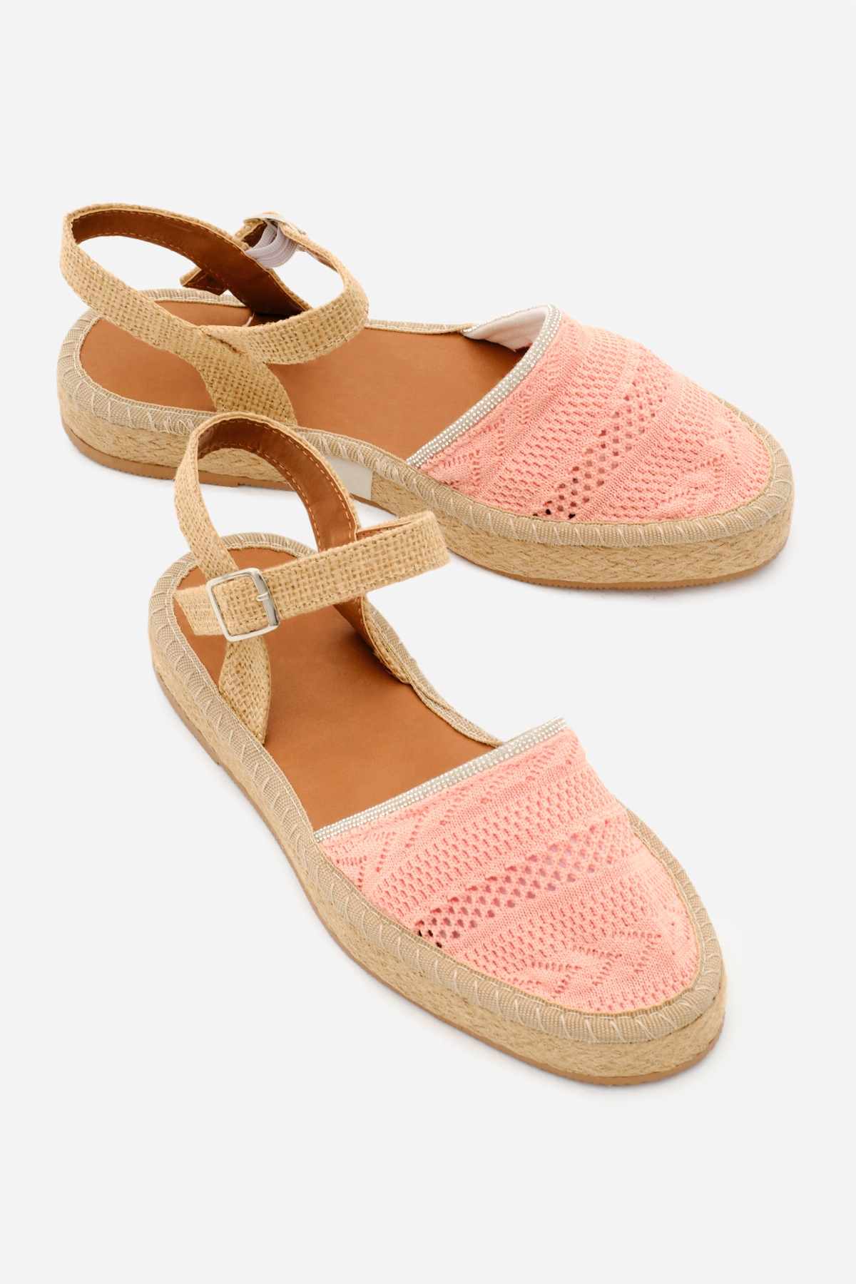 Kadın Pembe Önü Kapalı Bilekten Bağlamaı Hasır Triko Sandalet - Görsel 4