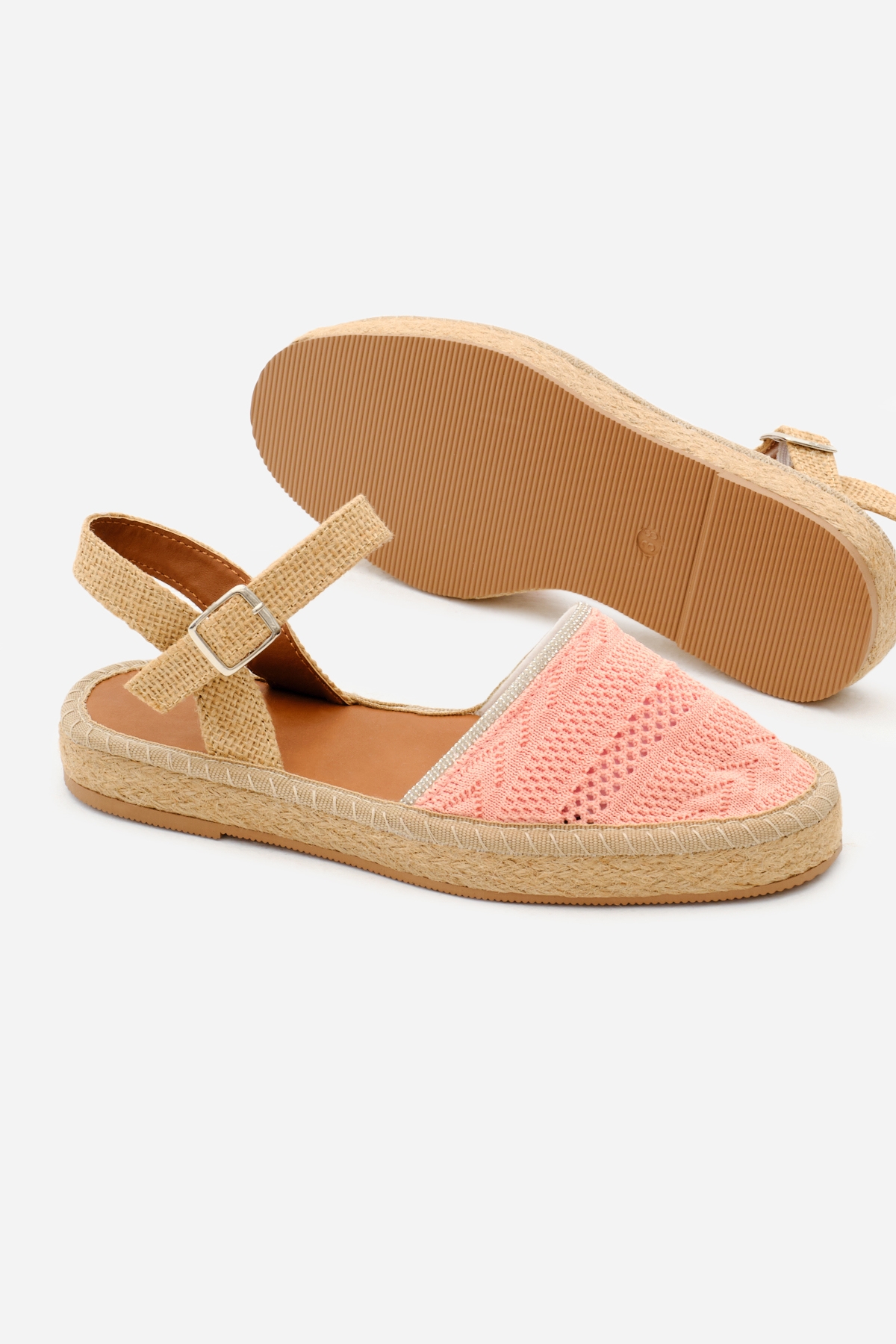 Kadın Pembe Önü Kapalı Bilekten Bağlamaı Hasır Triko Sandalet - Görsel 5
