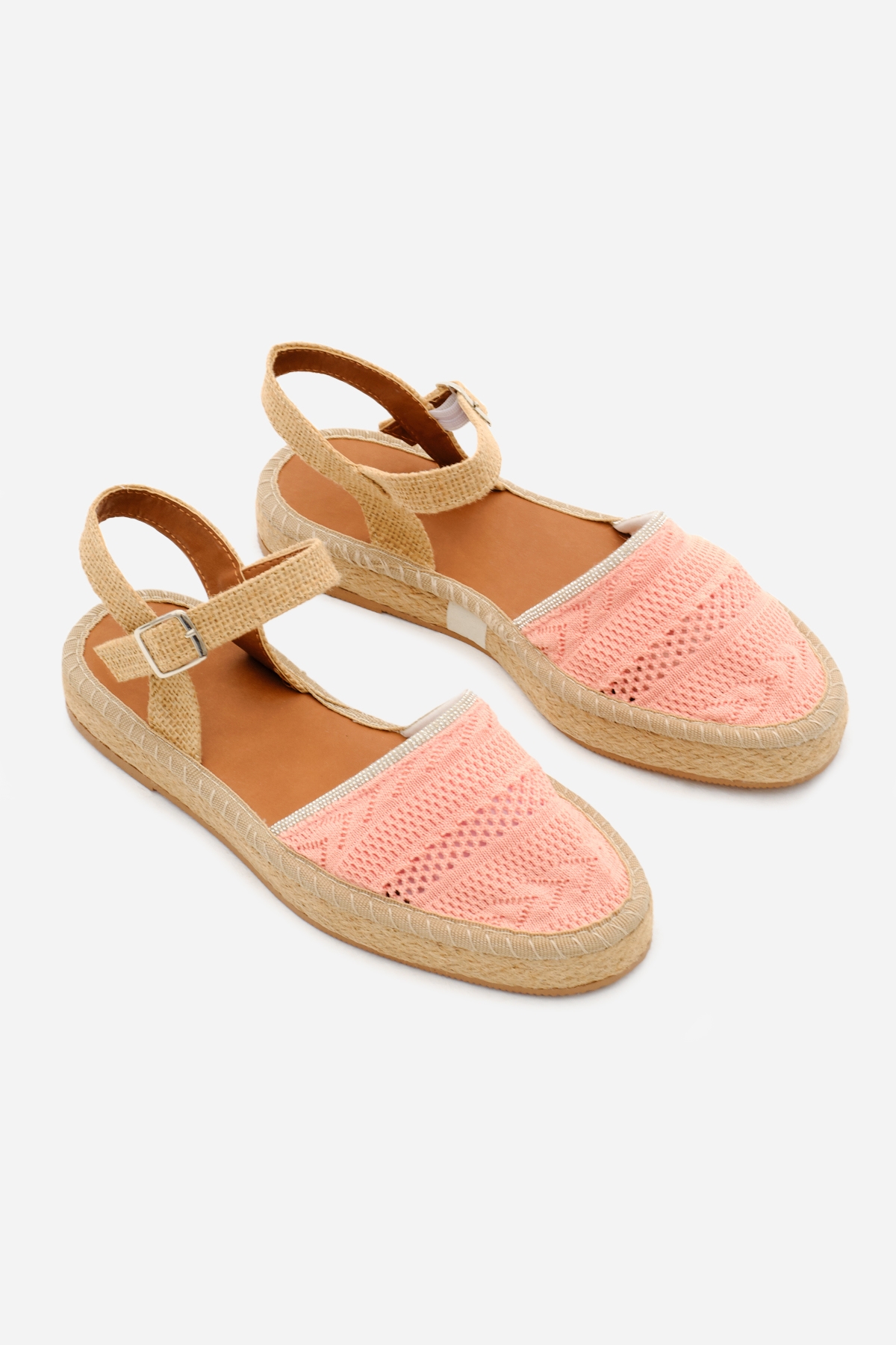 Kadın Pembe Önü Kapalı Bilekten Bağlamaı Hasır Triko Sandalet - Görsel 6