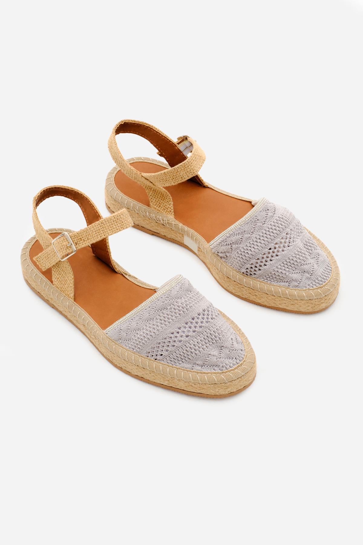 Kadın Gri Önü Kapalı Bilekten Bağlamaı Hasır Triko Sandalet - Görsel 6