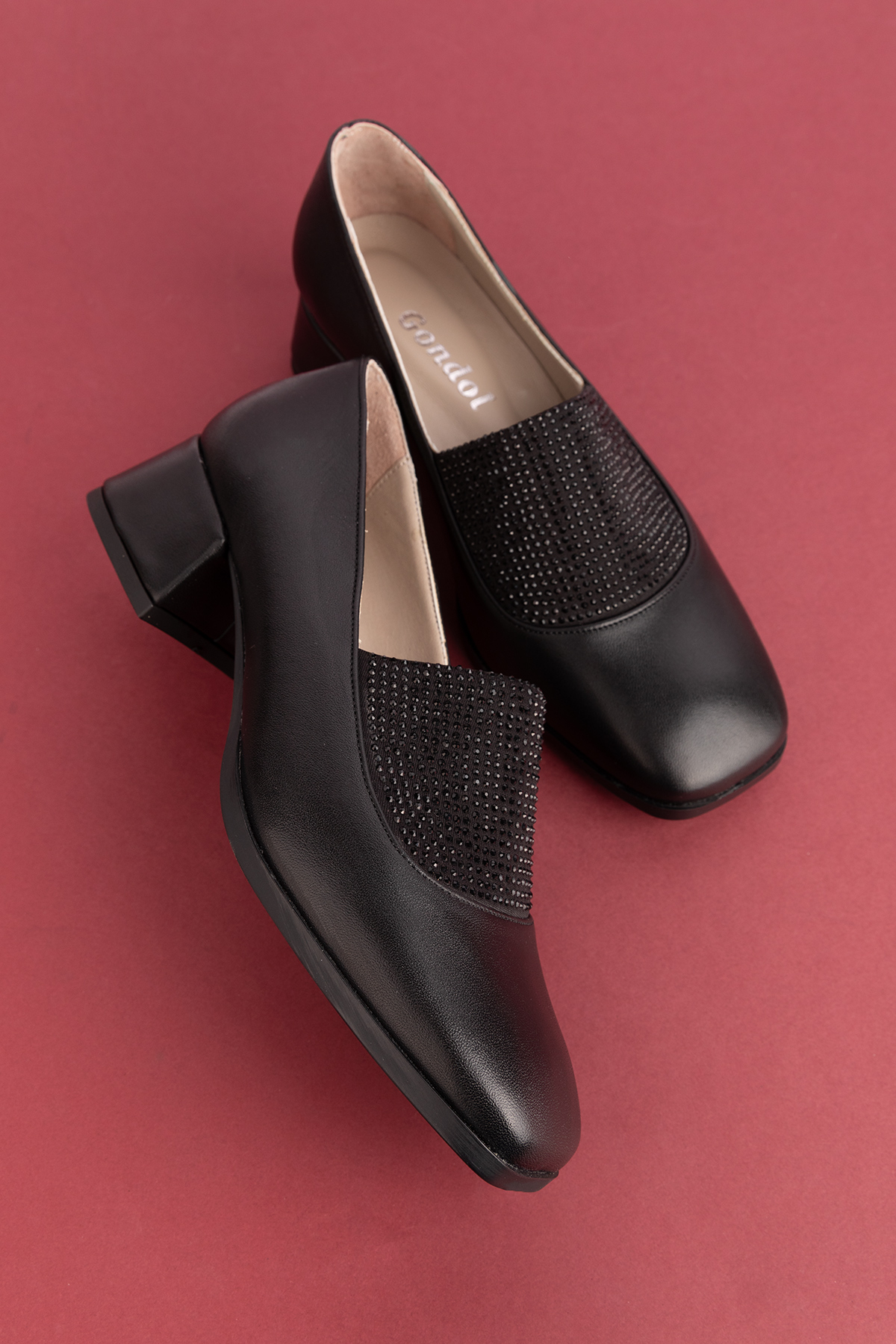 Gondol Hakiki Deri Kısa Topuklu Taş Detaylı Topuklu Ayakkabı vdt.142 - Görsel 2