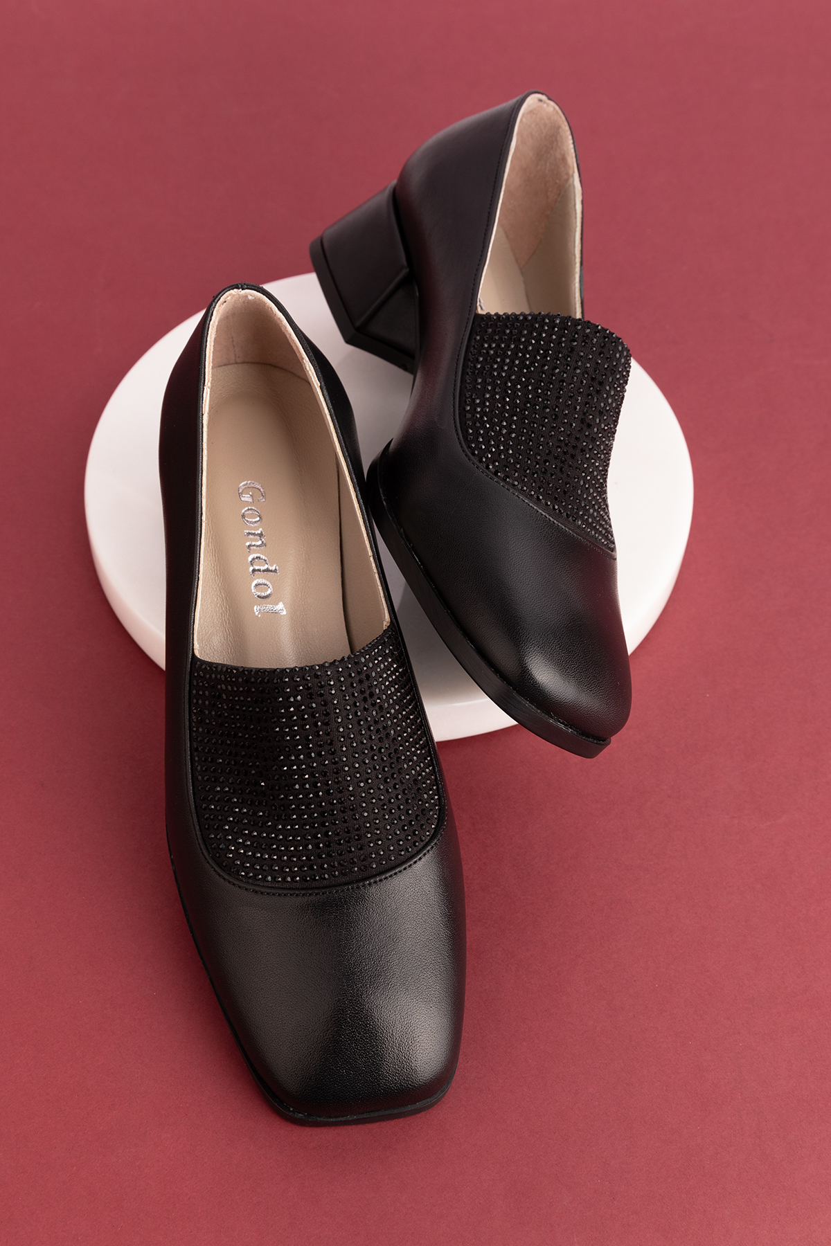 Gondol Hakiki Deri Kısa Topuklu Taş Detaylı Topuklu Ayakkabı vdt.142 - Görsel 5