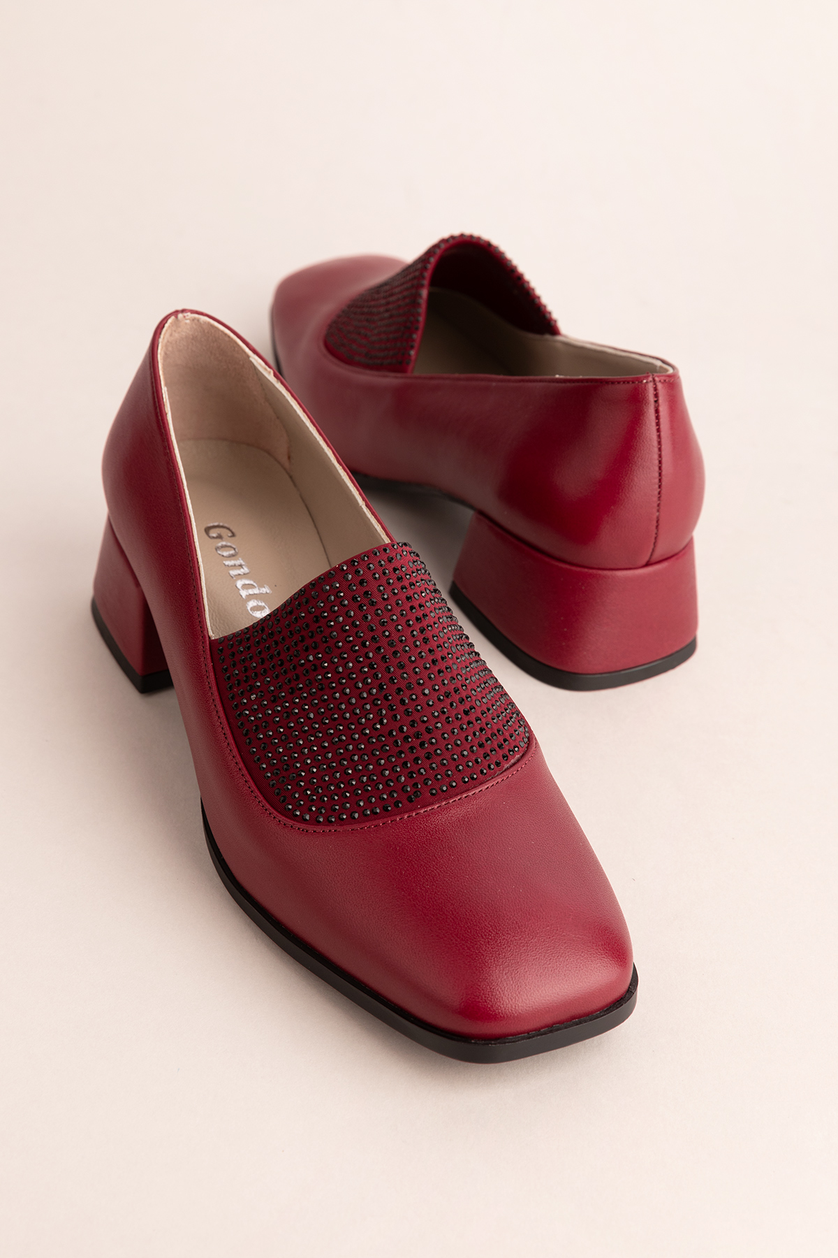 Gondol Hakiki Deri Kısa Topuklu Taş Detaylı Topuklu Ayakkabı vdt.142 - Görsel 3