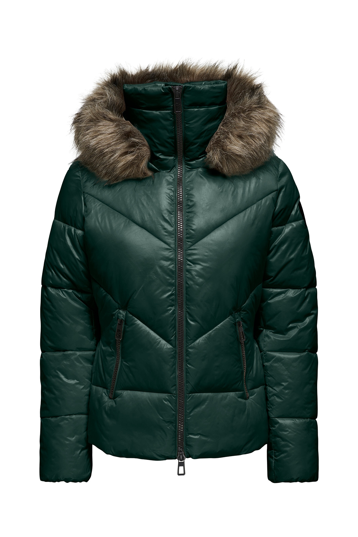 Kadın Onlfever Kapüşonu Kürklü Puffer Mont 15322003 Yeşil