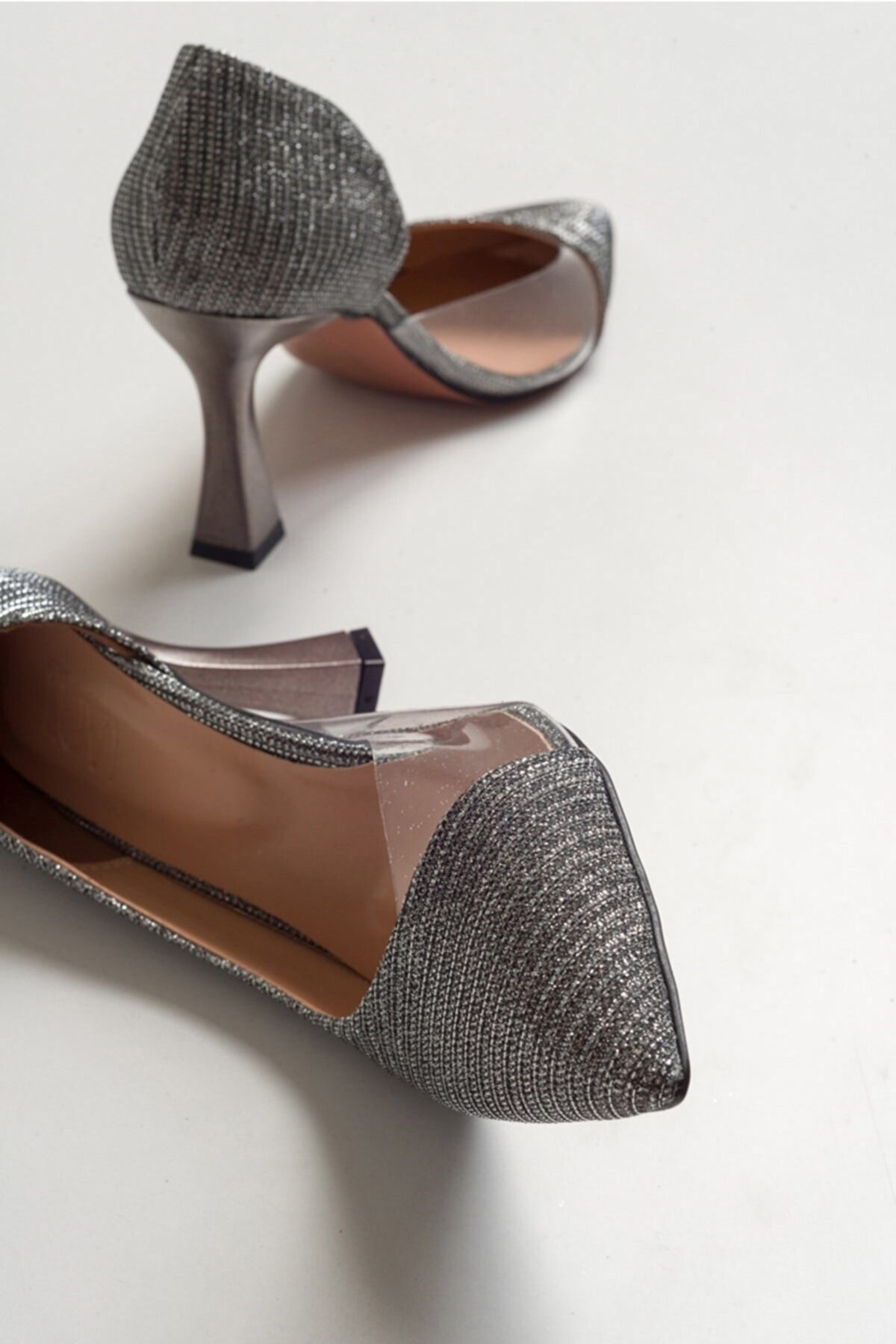 Feles Siyah Feles Kadeh Topuk Yanı Şeffaf Stiletto Kadın Topuklu Ayakkabı