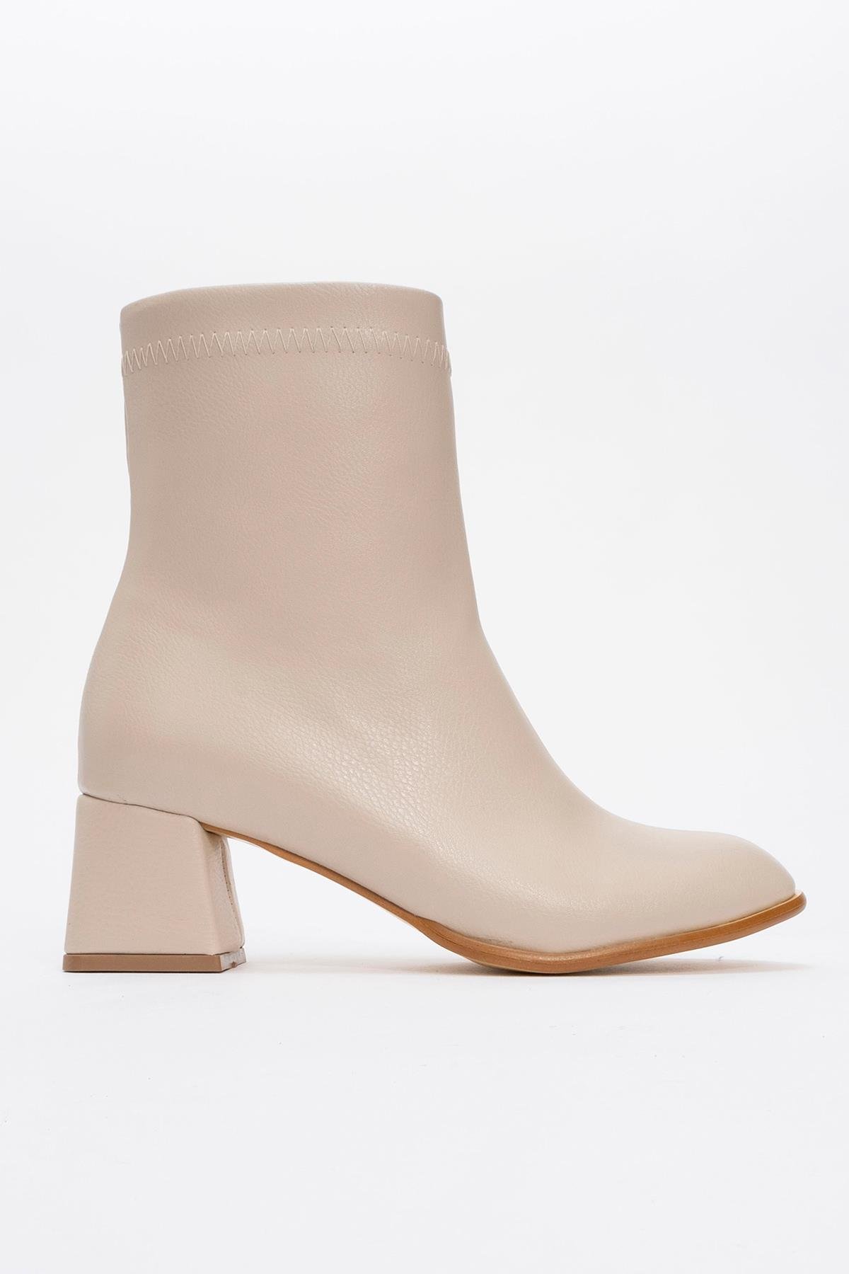 Sade Dikişli Fermuarlı Kadın Topuklu Bot BEJ CİLT - Görsel 2