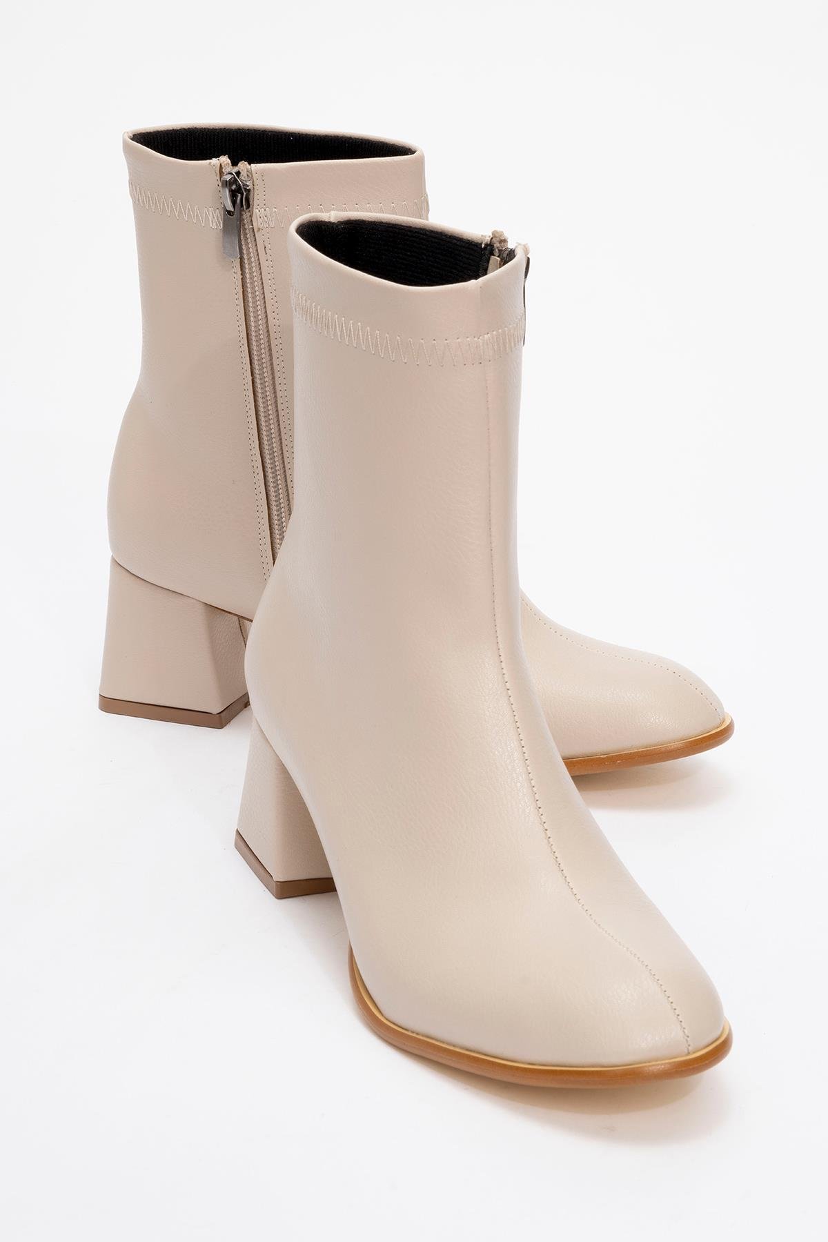 Sade Dikişli Fermuarlı Kadın Topuklu Bot BEJ CİLT - Görsel 3