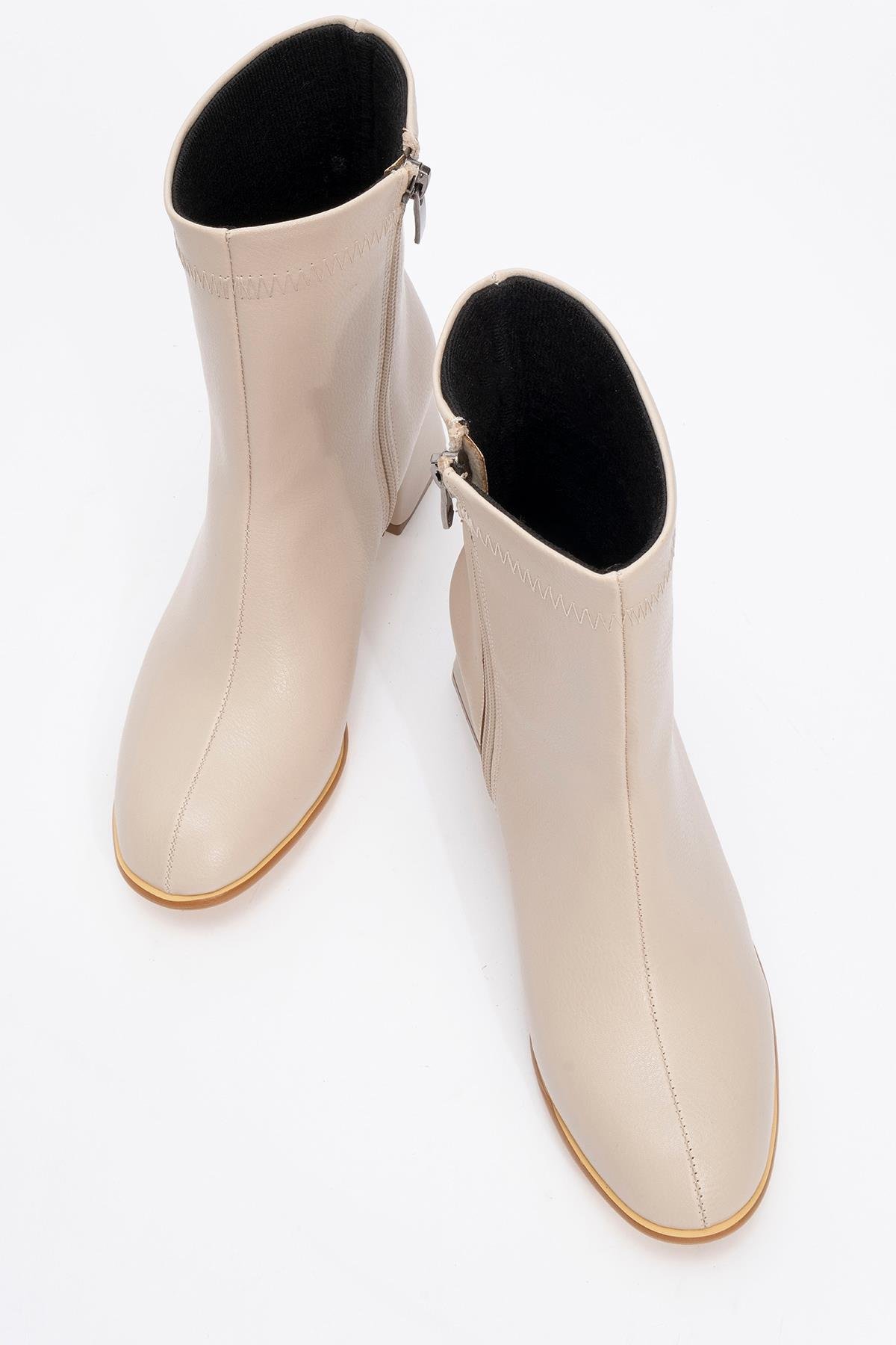 Sade Dikişli Fermuarlı Kadın Topuklu Bot BEJ CİLT - Görsel 6