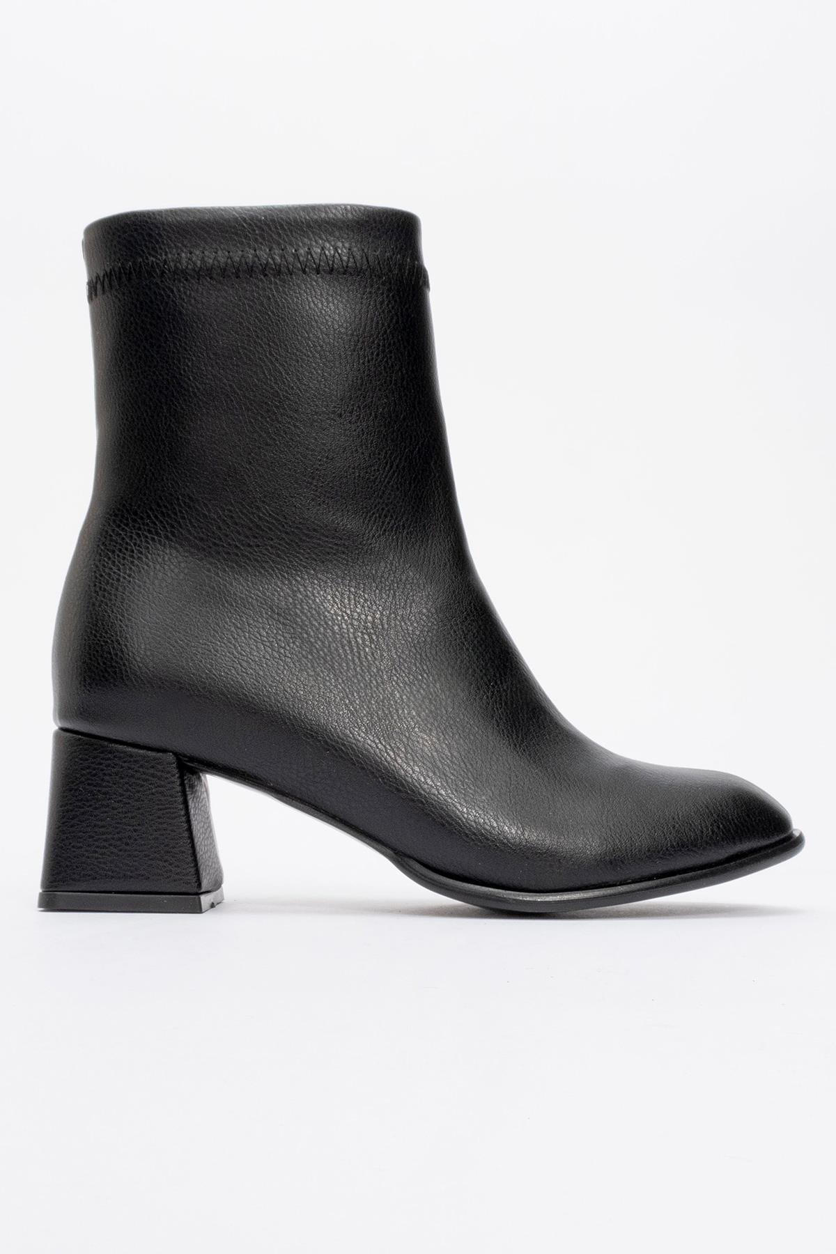 Sade Dikişli Fermuarlı Kadın Topuklu Bot SİYAH CİLT - Görsel 2