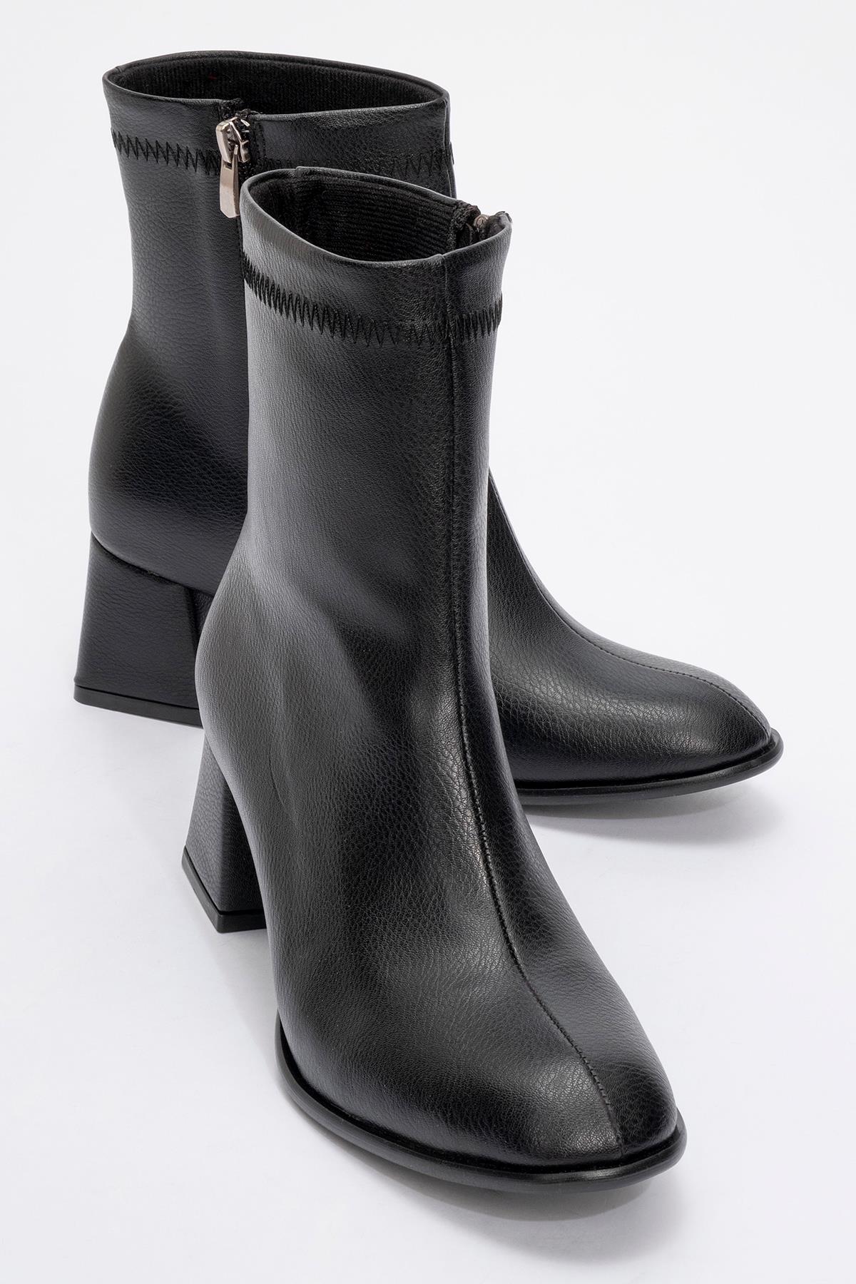 Sade Dikişli Fermuarlı Kadın Topuklu Bot SİYAH CİLT - Görsel 3