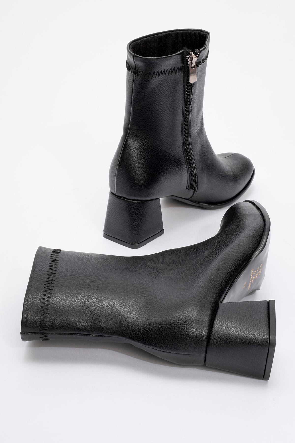 Sade Dikişli Fermuarlı Kadın Topuklu Bot SİYAH CİLT - Görsel 5