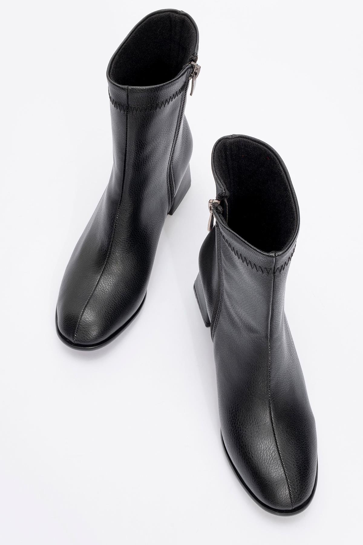 Sade Dikişli Fermuarlı Kadın Topuklu Bot SİYAH CİLT - Görsel 6
