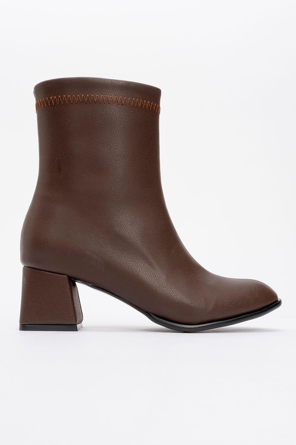 Sade Dikişli Fermuarlı Kadın Topuklu Bot KAHVE CİLT - Görsel 2