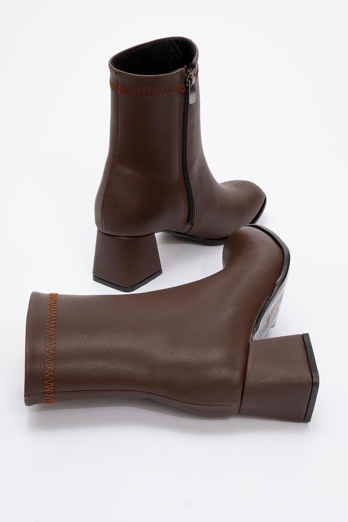 Sade Dikişli Fermuarlı Kadın Topuklu Bot KAHVE CİLT - Görsel 5