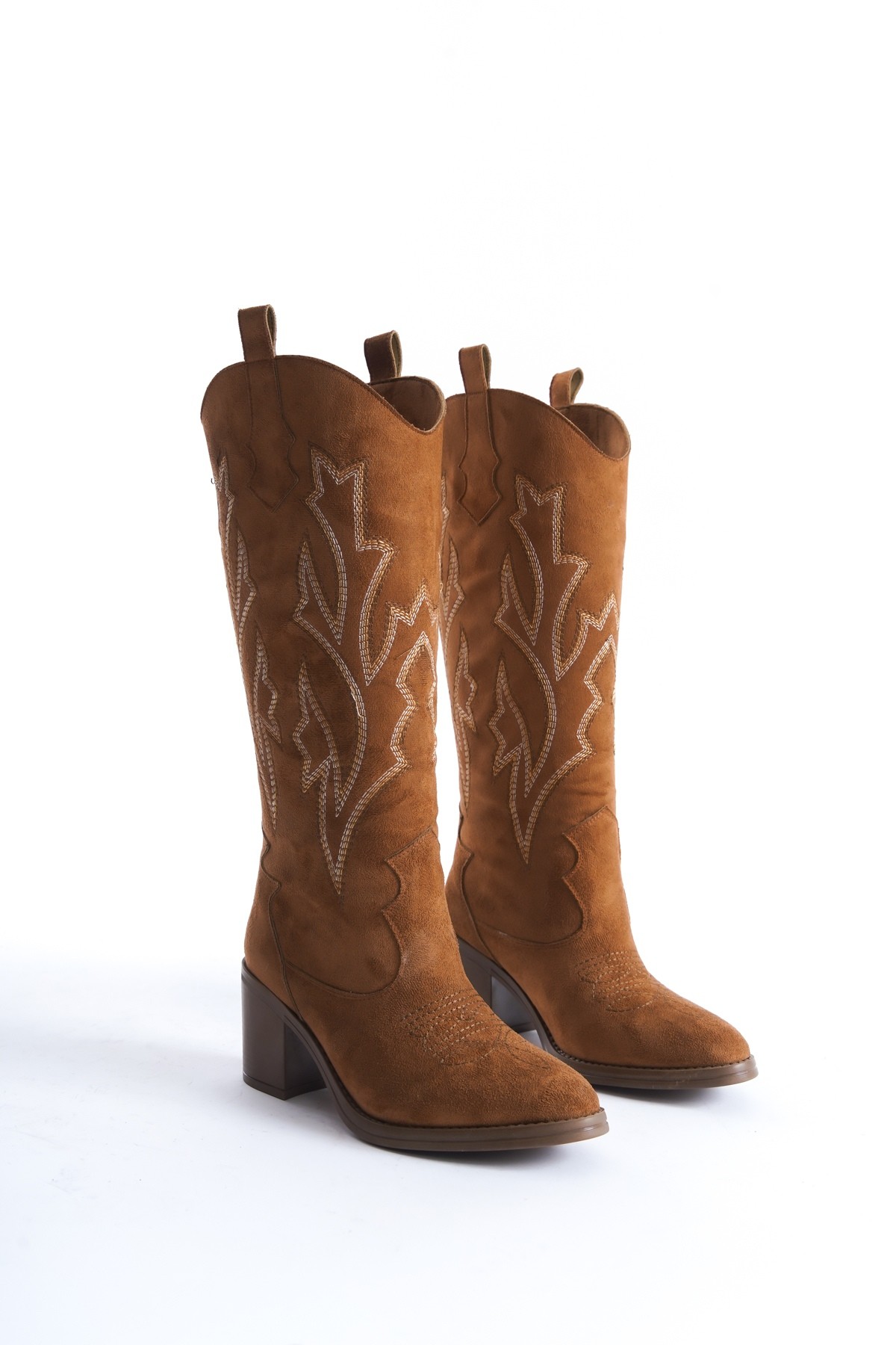 Cazal Taba Süet Topuklu Çizme Nakışlı Western Çizme - Görsel 3