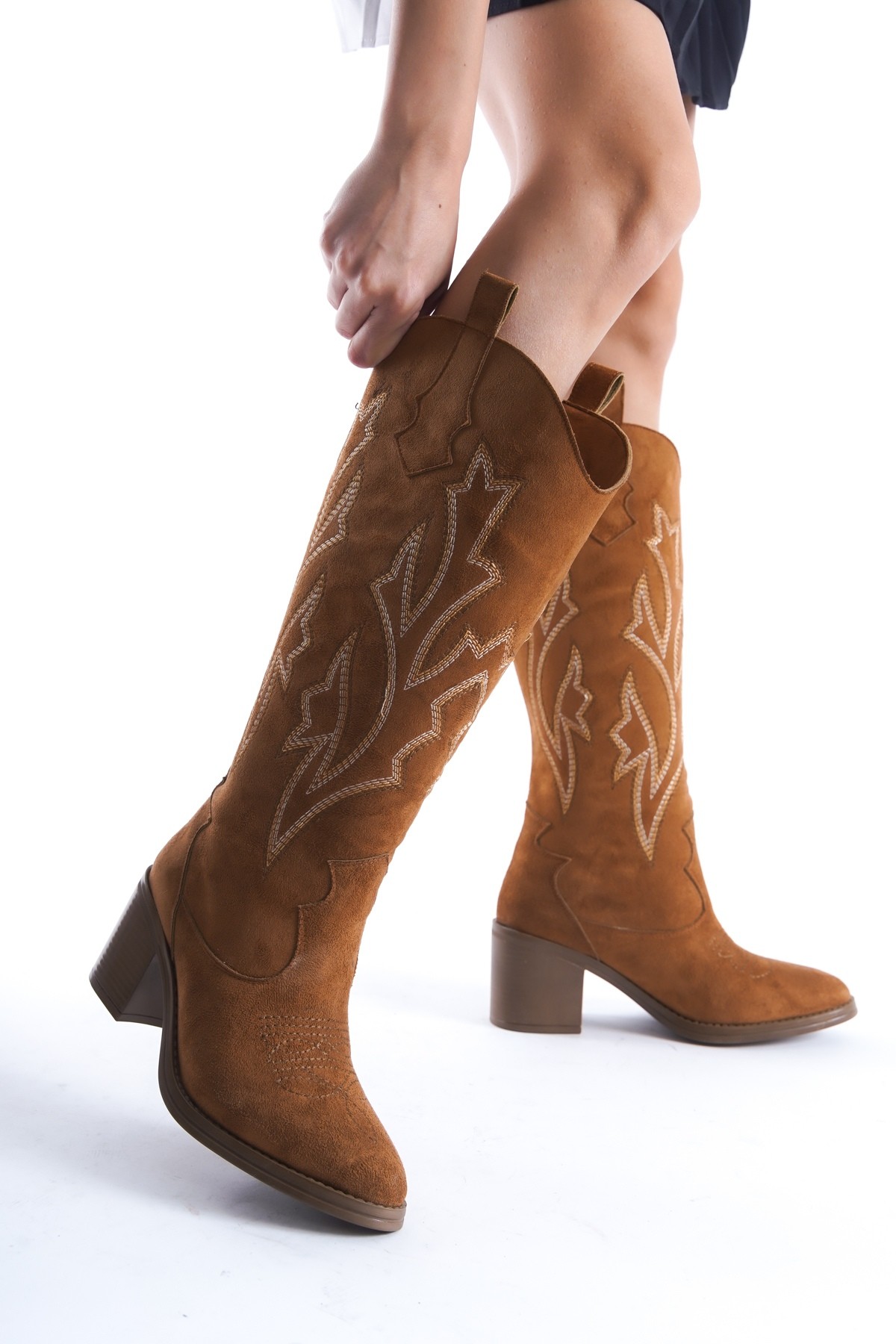 Cazal Taba Süet Topuklu Çizme Nakışlı Western Çizme - Görsel 4