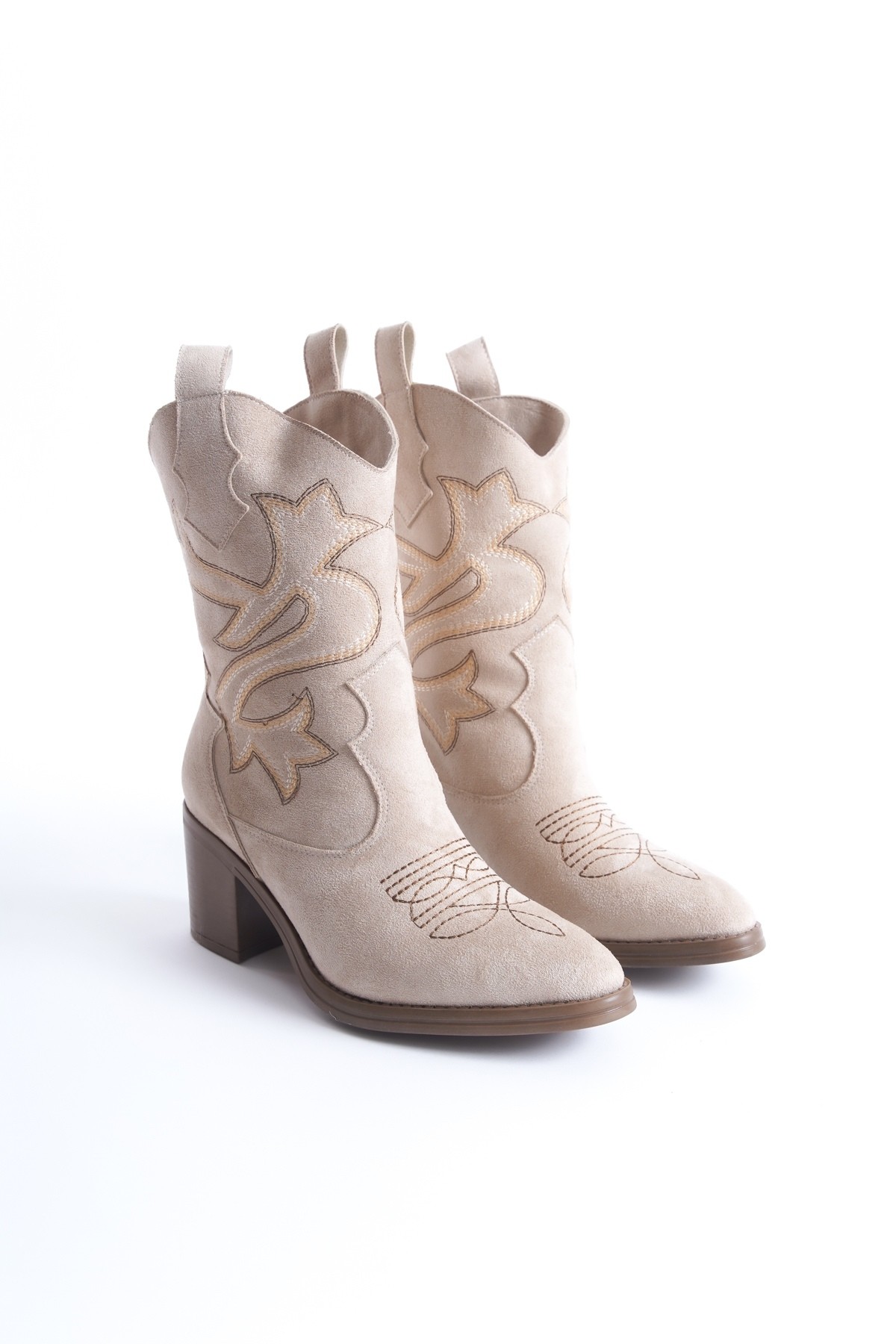 Bazal Ten Süet Kovboy Bot Topuklu Rahat Nakışlı Western Bot - Görsel 3