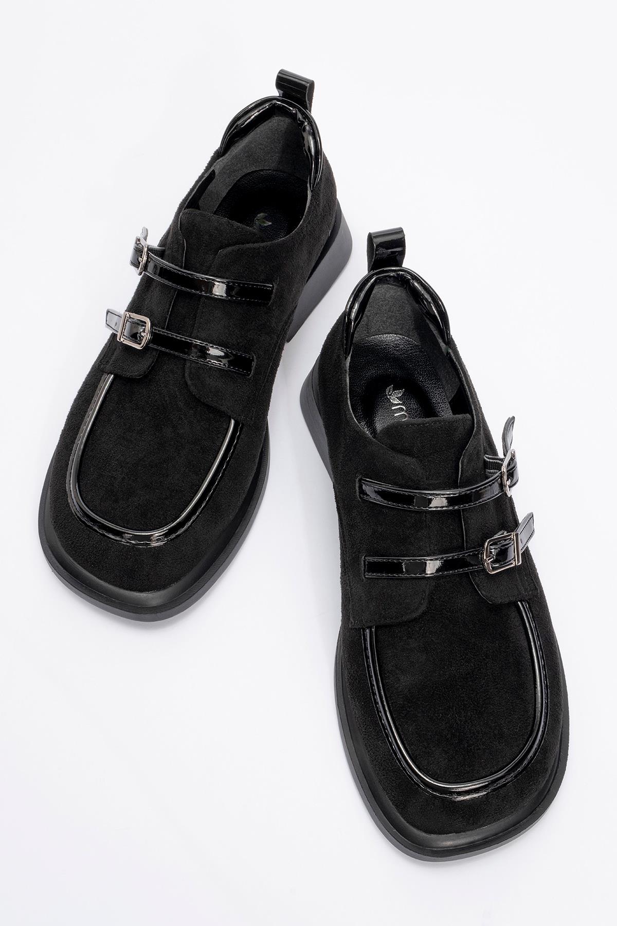 Kadın Tokalı Kolej Ayakkabı SİYAH SÜET SİYAH RUGAN - Görsel 6