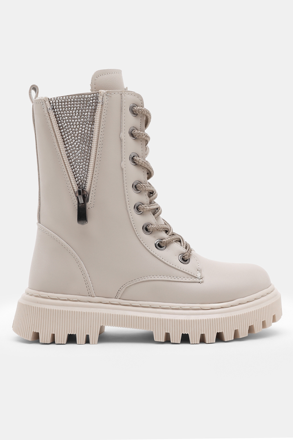 Kız Çocuk Bej Cilt Termo Taban Yanı Fermuarlı Taş Detaylı Bağcıklı ve Fermuarlı Bot - Görsel 2