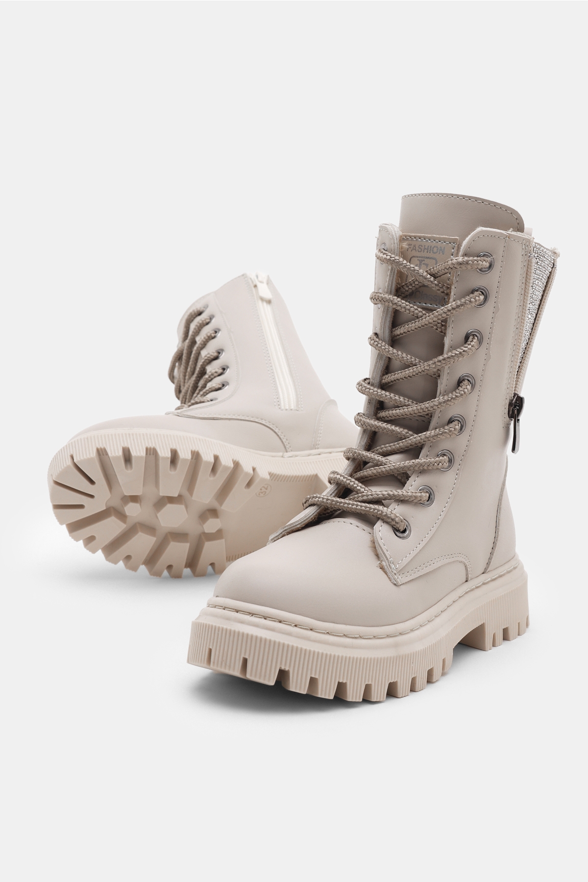 Kız Çocuk Bej Cilt Termo Taban Yanı Fermuarlı Taş Detaylı Bağcıklı ve Fermuarlı Bot - Görsel 5