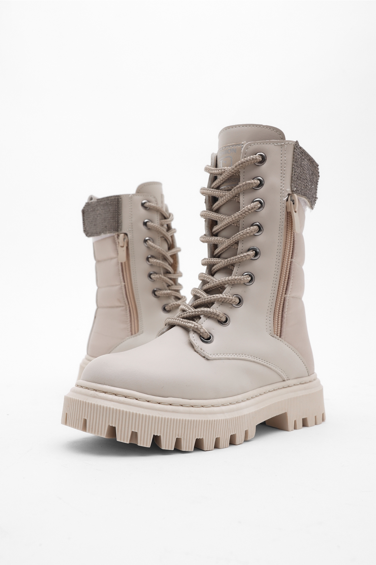 Kız Çocuk Bej Cilt Termo Taban Taş Detaylı Fermuarlı ve Bağcıklı Cırtlı Bot - Görsel 3